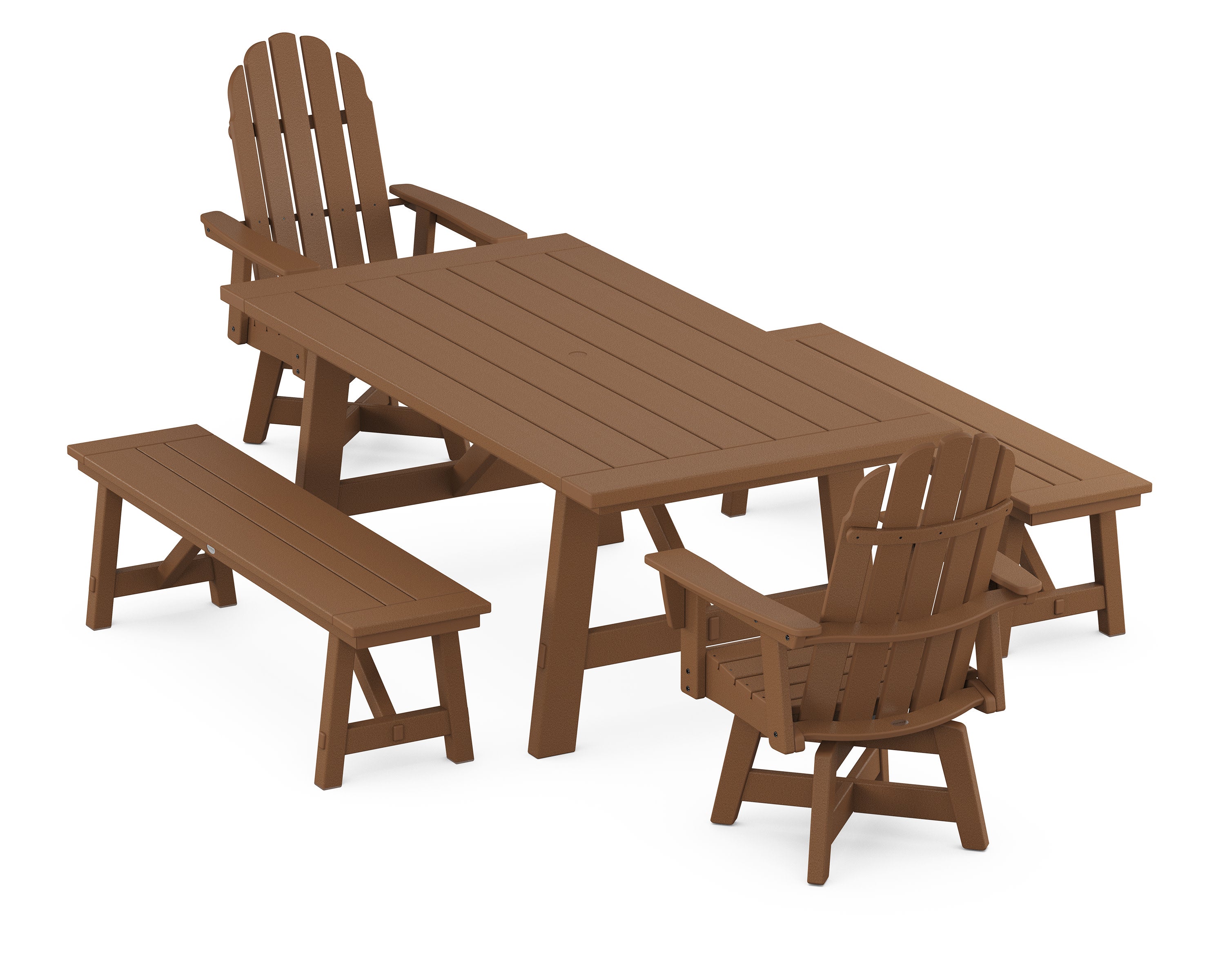 VineyardCurveback Adirondack Swivel Chair 5-Piece Rustic Farmhouse Dining Set With Benches in Teak