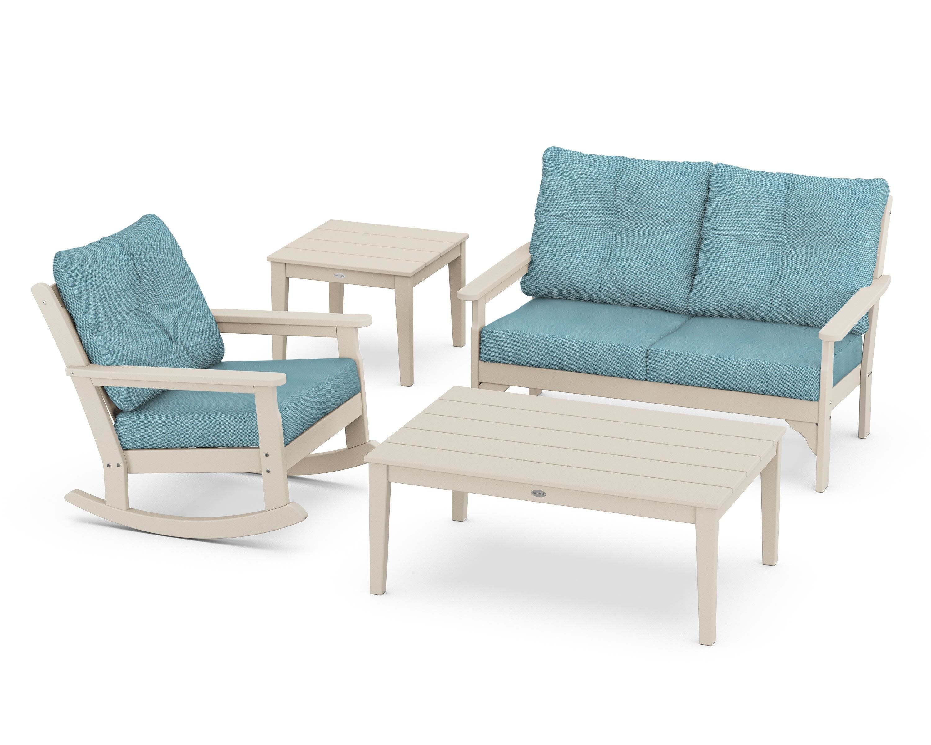 Vineyard 4-Piece Deep Seating Rocker Set in Sand / Lattice Sky Blue