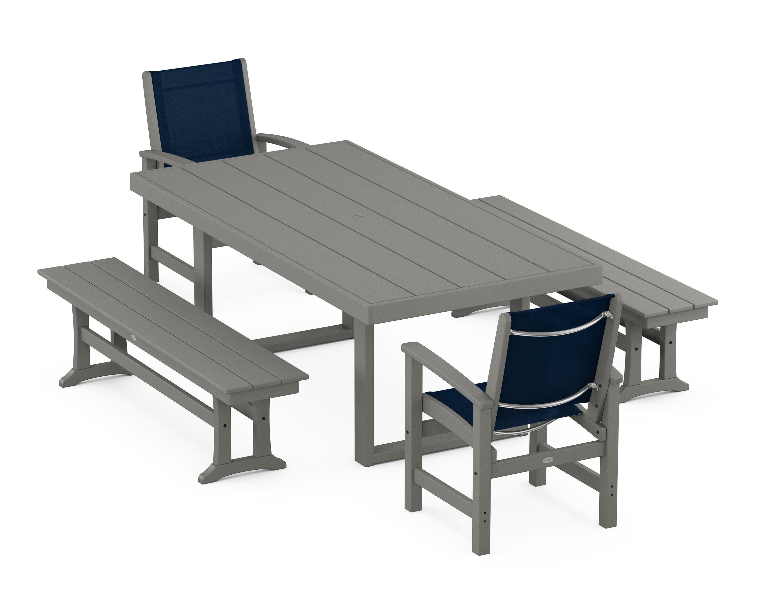 Coastal 5-Piece Dining Set with Trestle Legs in Slate Grey / Navy Blue Sling