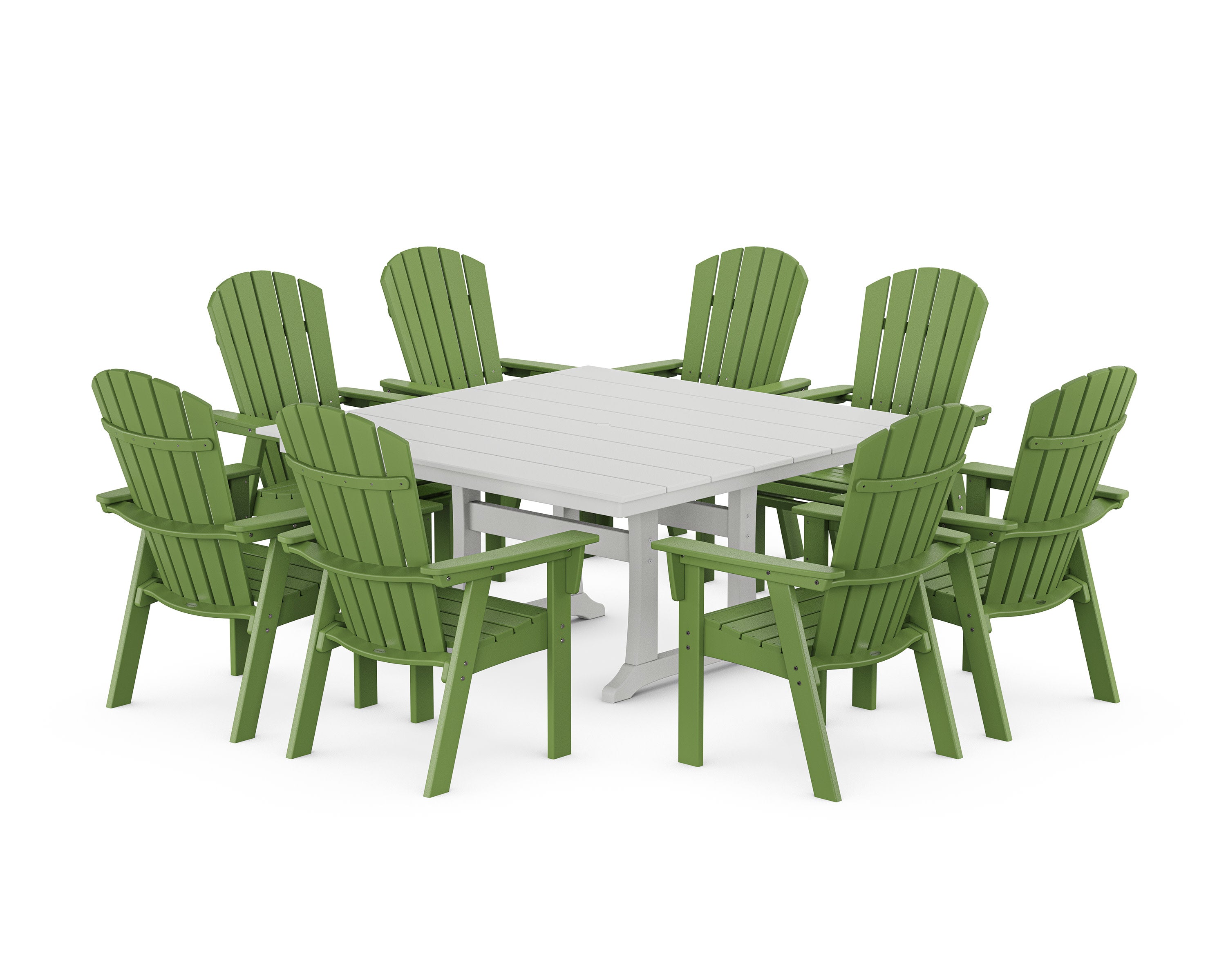 Nautical Curveback Adirondack 9-Piece Square Dining Set with Trestle Legs in Lime / White
