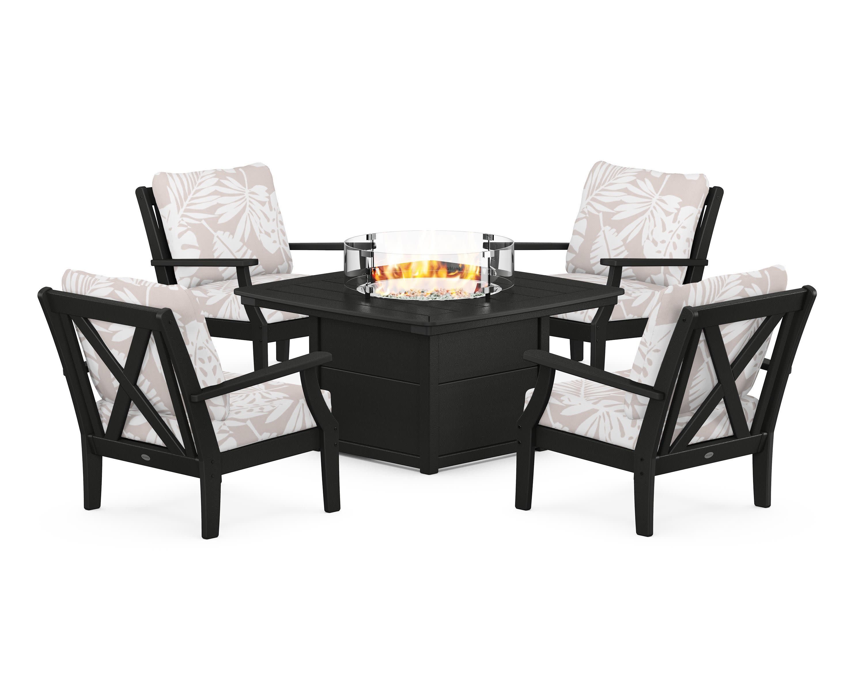 Braxton 5-Piece Deep Seating Conversation Set with Fire Pit Table in Black / Leaf Dune Burlap