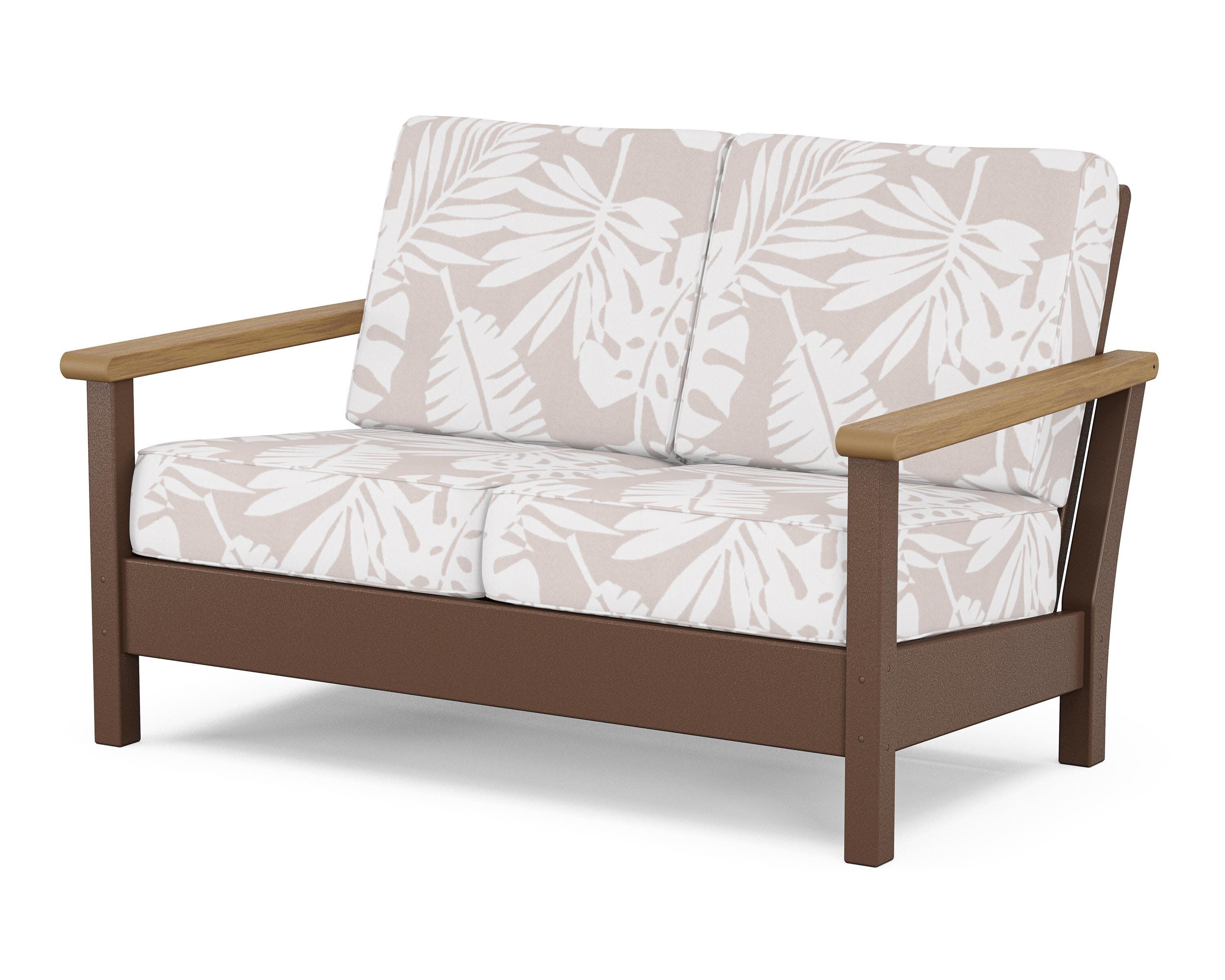 Harbour Deep Seating Loveseat in Mahogany / Natural / Leaf Dune Burlap