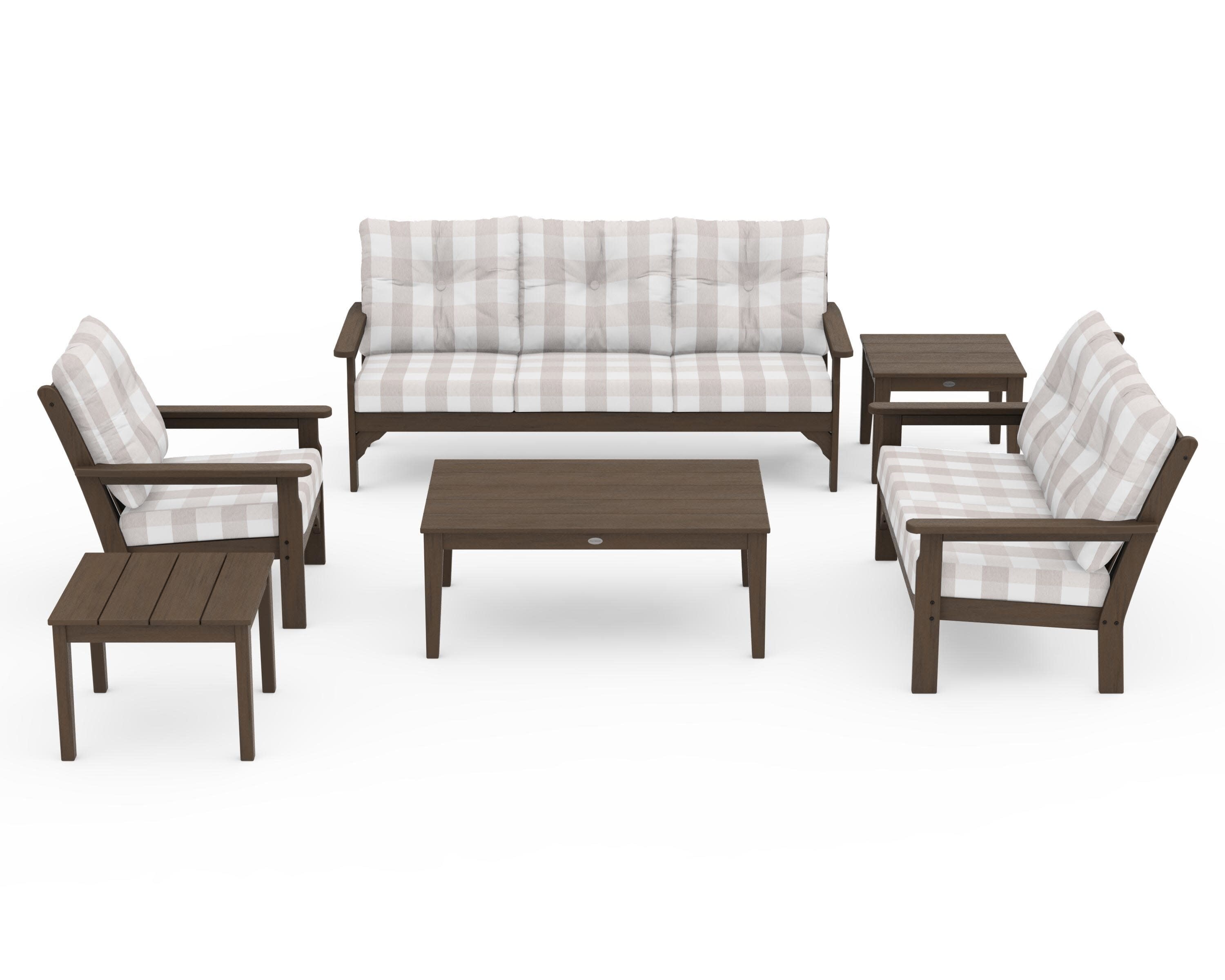 Vineyard 6-Piece Deep Seating Set in Kona / Buffalo Plaid Dune Burlap