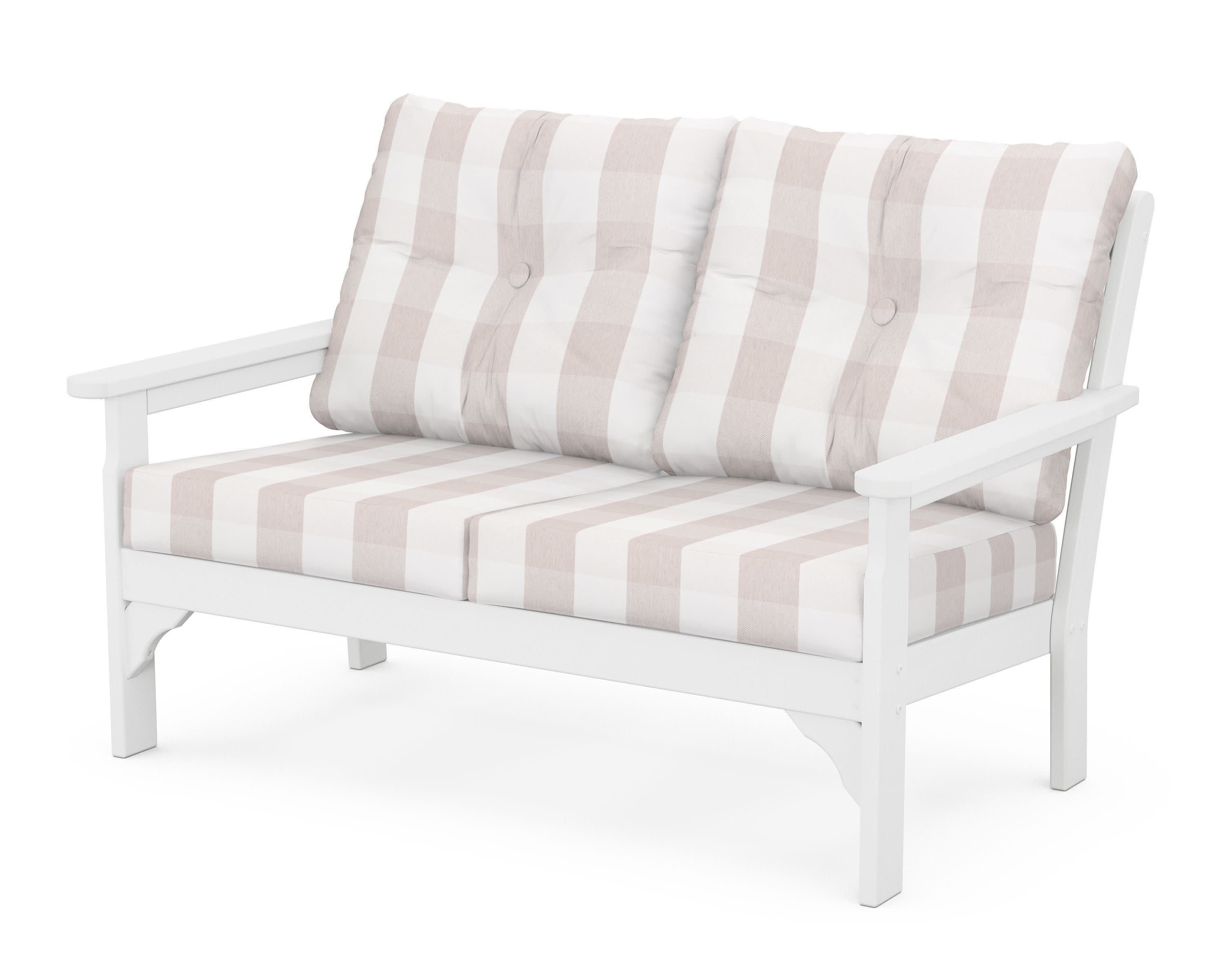 Vineyard Deep Seating Loveseat in White / Buffalo Plaid Dune Burlap
