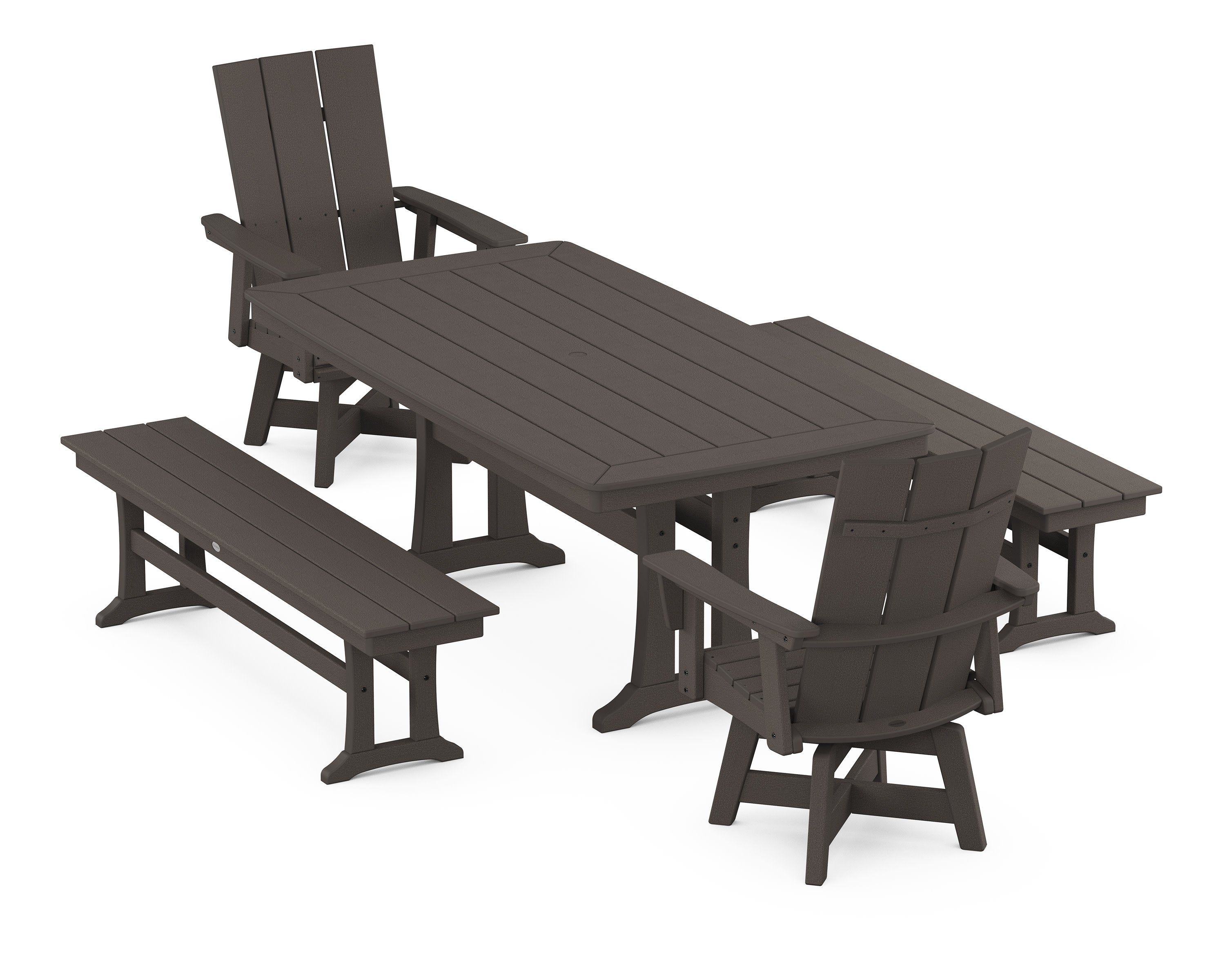 Modern Curveback Adirondack Swivel Chair 5-Piece Dining Set with Trestle Legs and Benches in Vintage Coffee