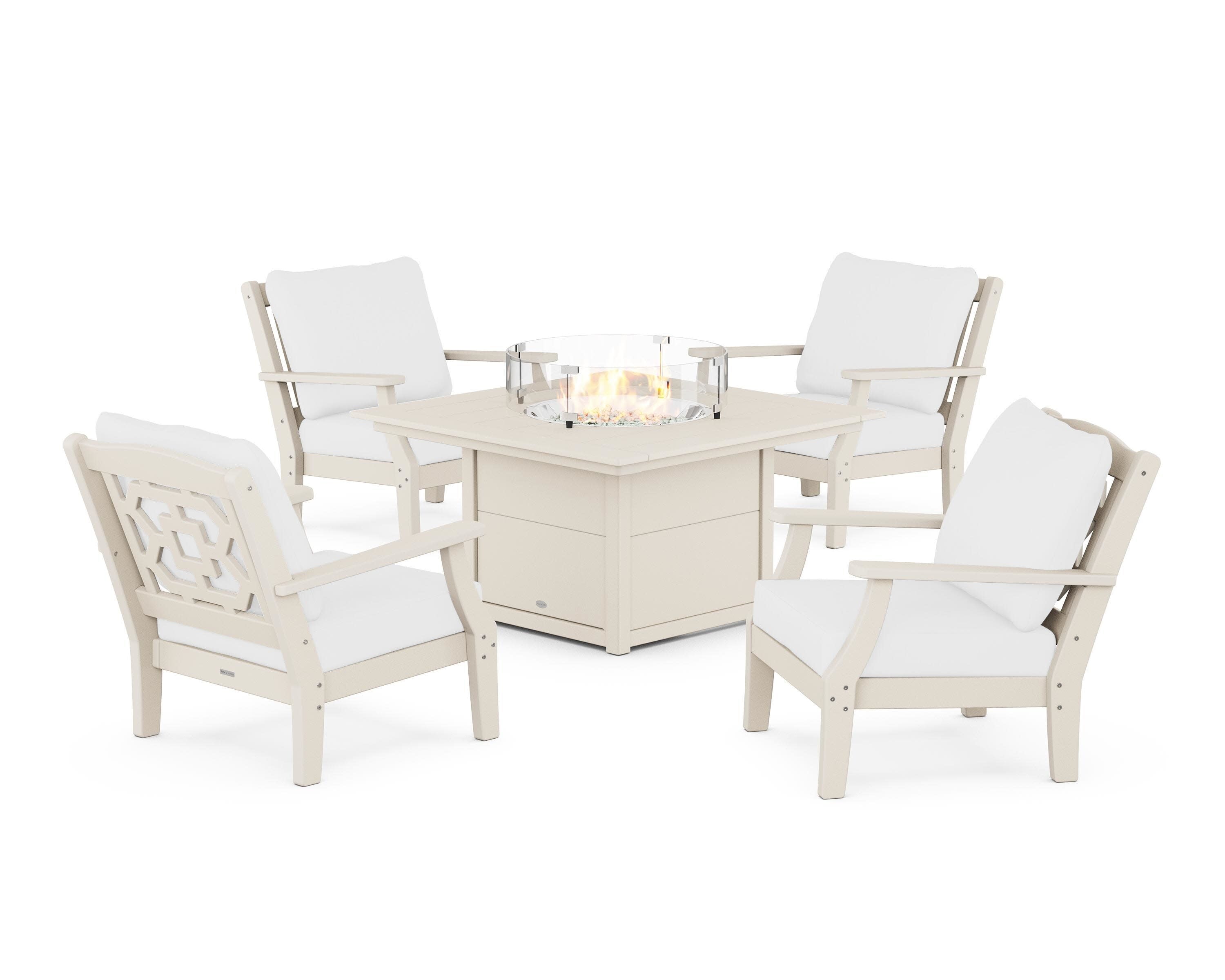 Chinoiserie 5-Piece Deep Seating Set with Fire Pit Table in Sand / Natural