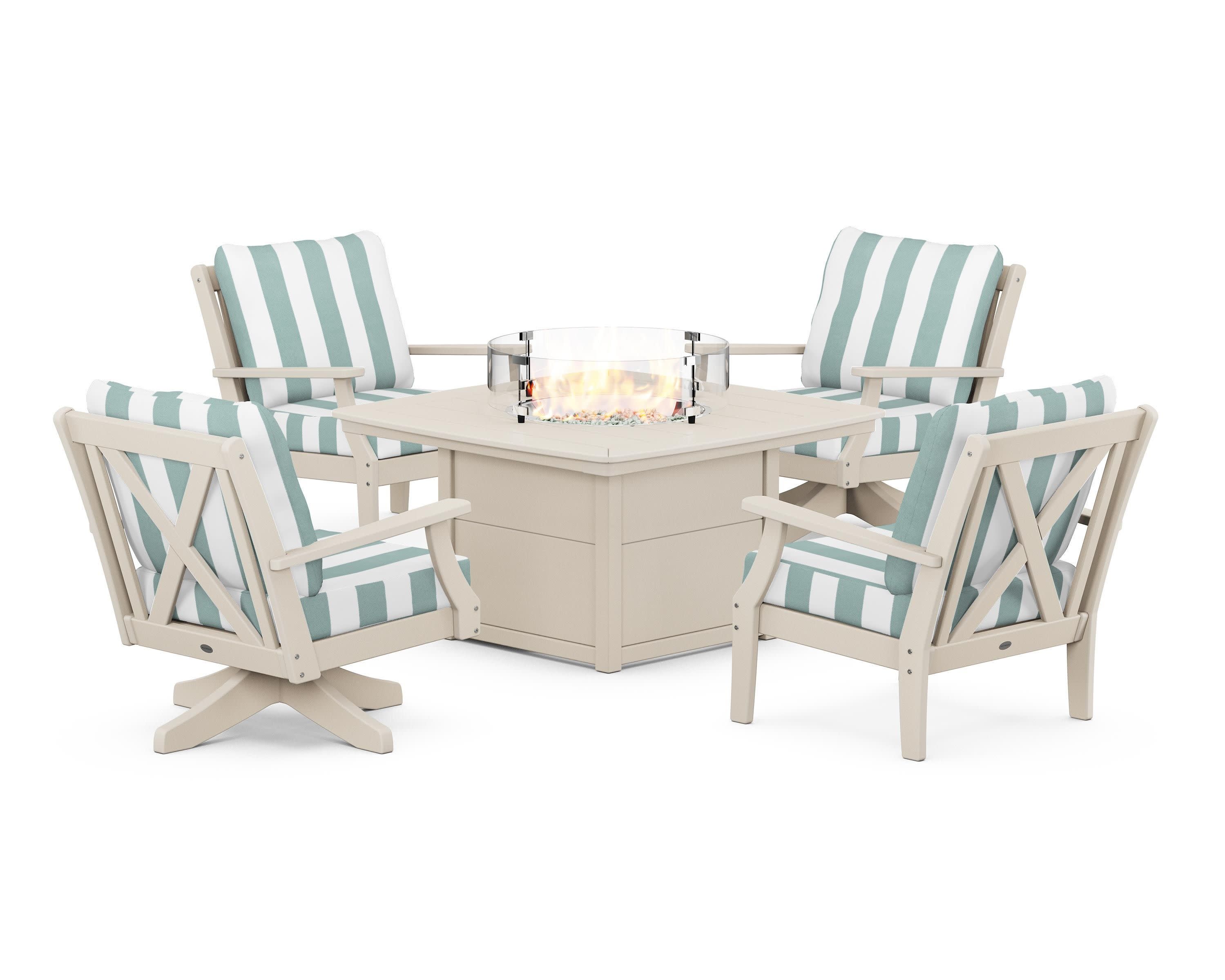Braxton 5-Piece Deep Seating Set with Fire Table in Sand / Cabana Stripe Glacier Spa