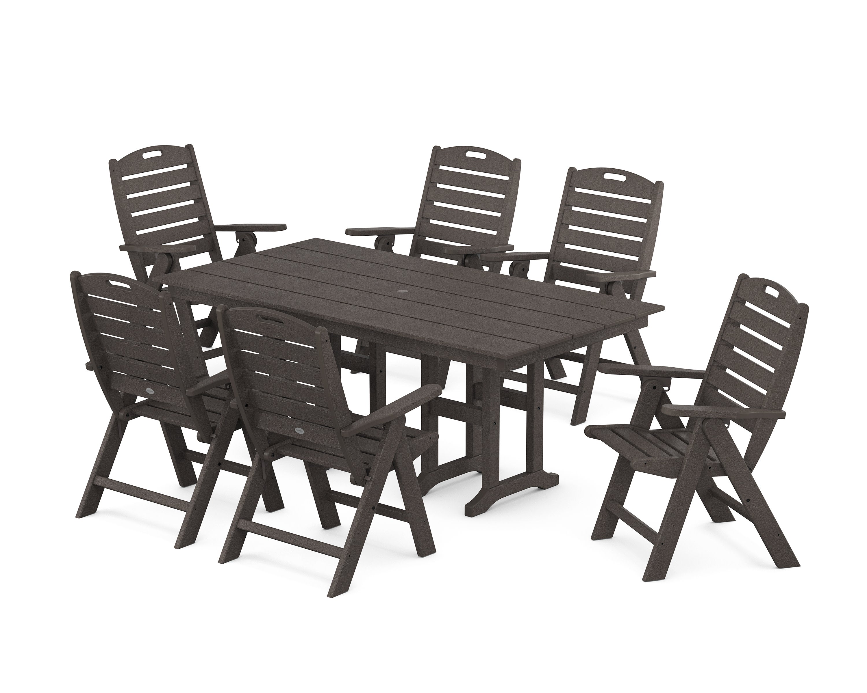 Nautical Highback 7-Piece Farmhouse Dining Set in Vintage Coffee