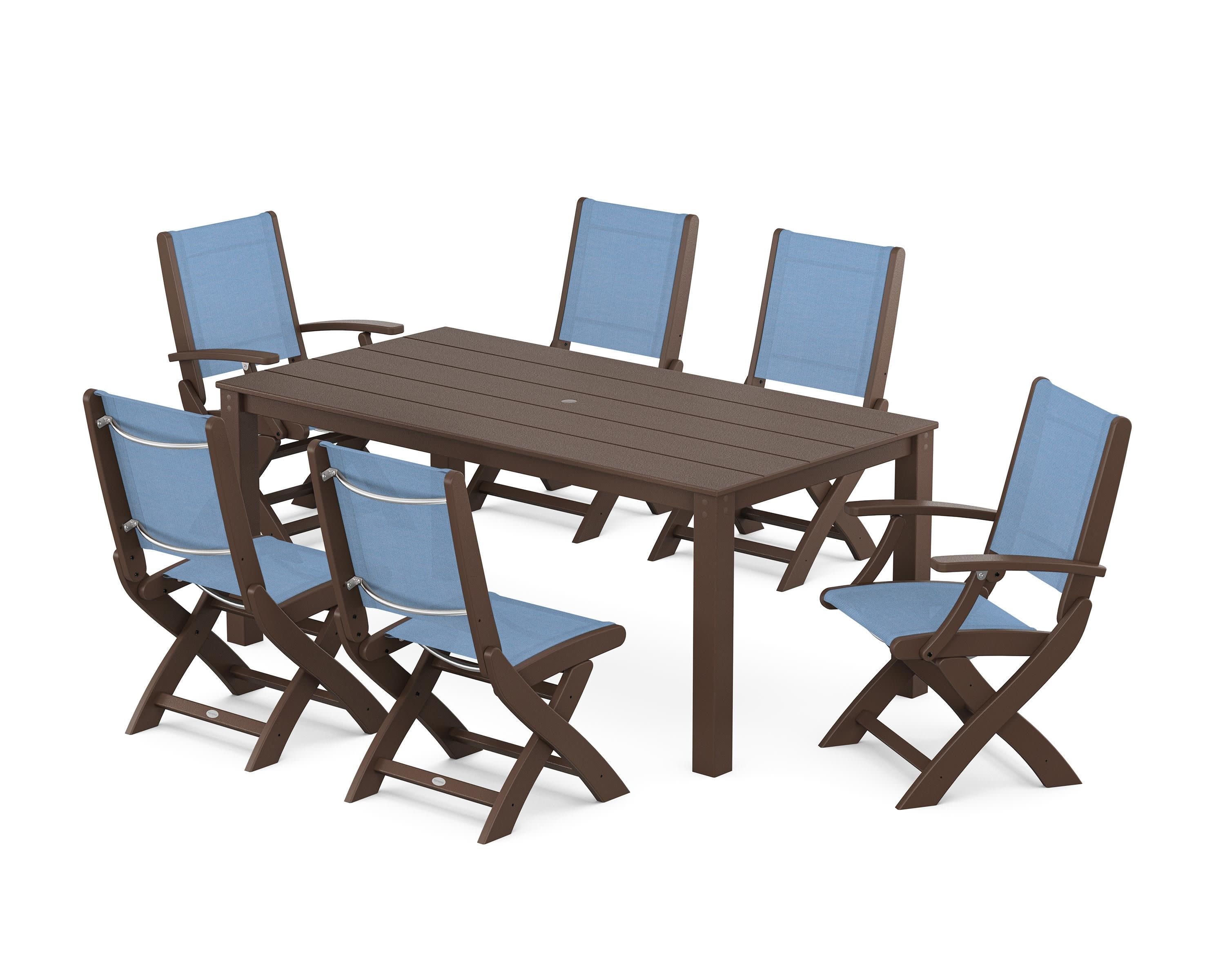 Coastal Folding Chair 7-Piece Parsons Dining Set in Mahogany / Poolside Sling