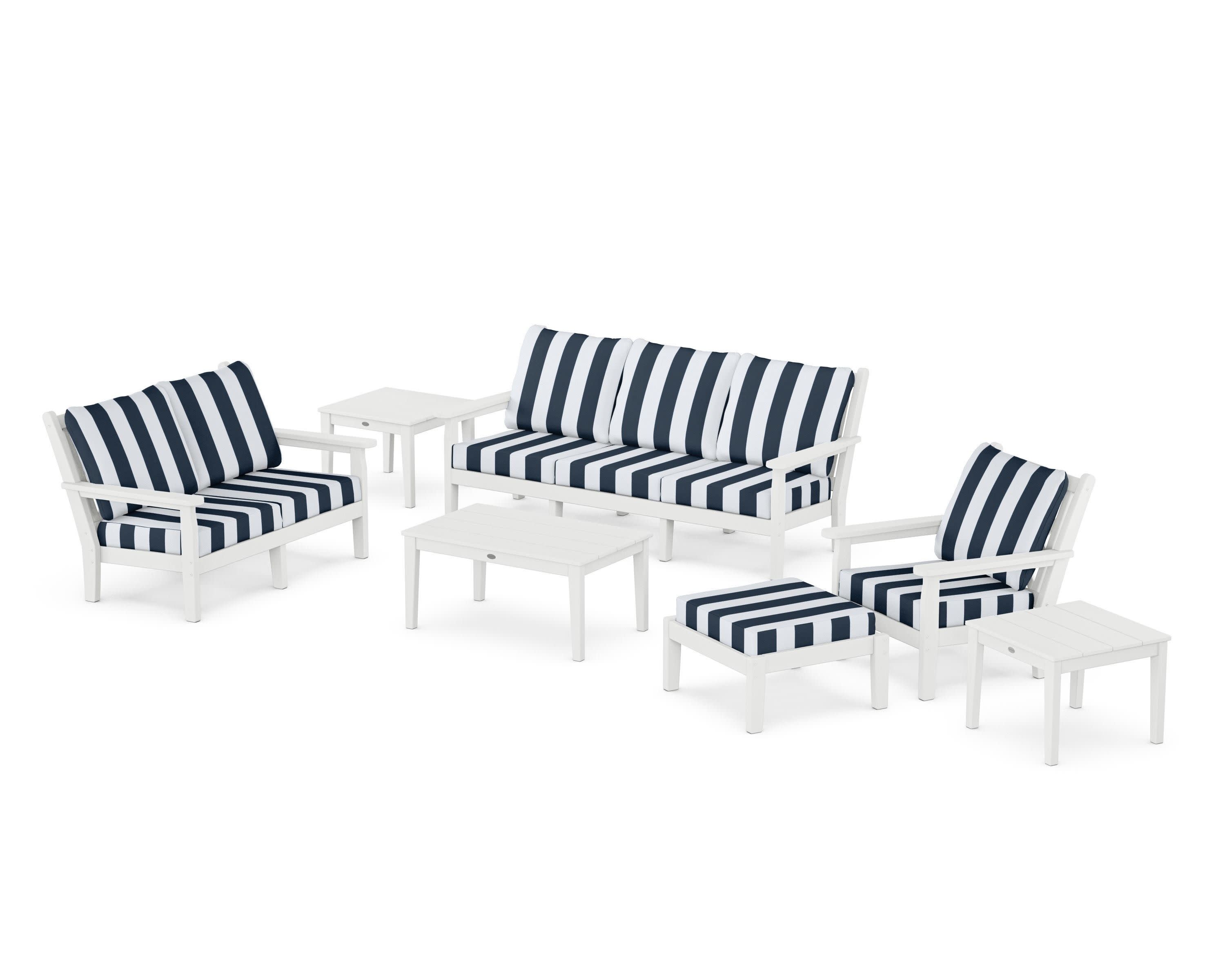 Chippendale 7-Piece Deep Seating Set in White / Cabana Stripe Marine Indigo