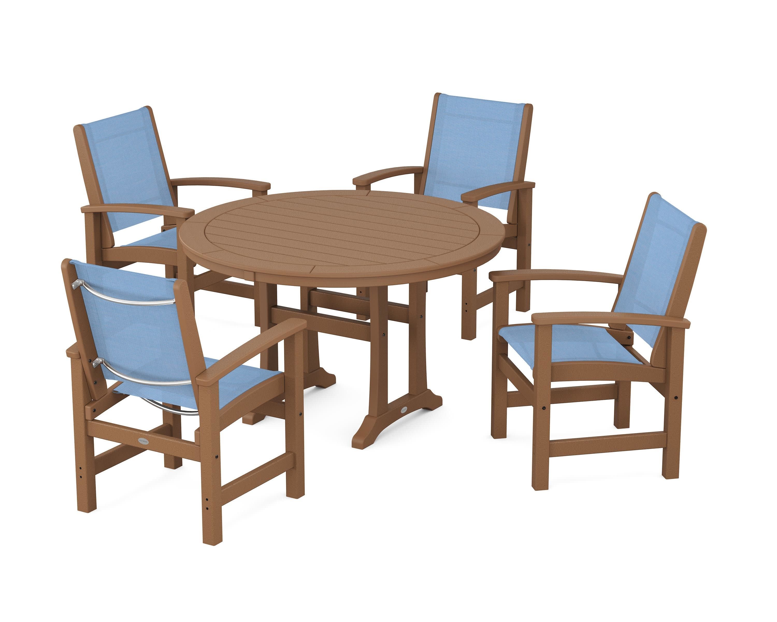 Coastal 5-Piece Round Dining Set with Trestle Legs in Teak / Poolside Sling