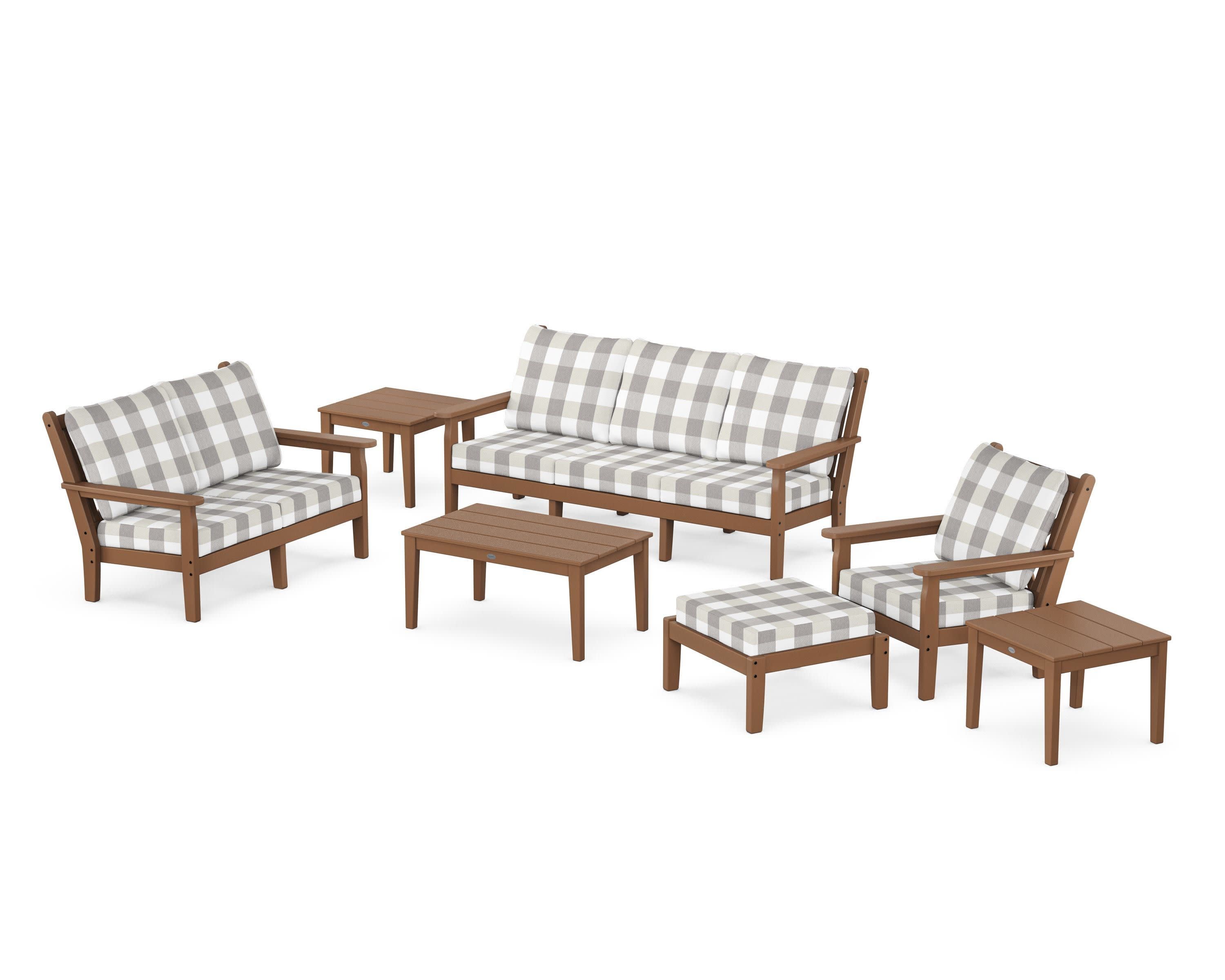Chippendale 7-Piece Deep Seating Set in Teak / Buffalo Plaid Grey Mist