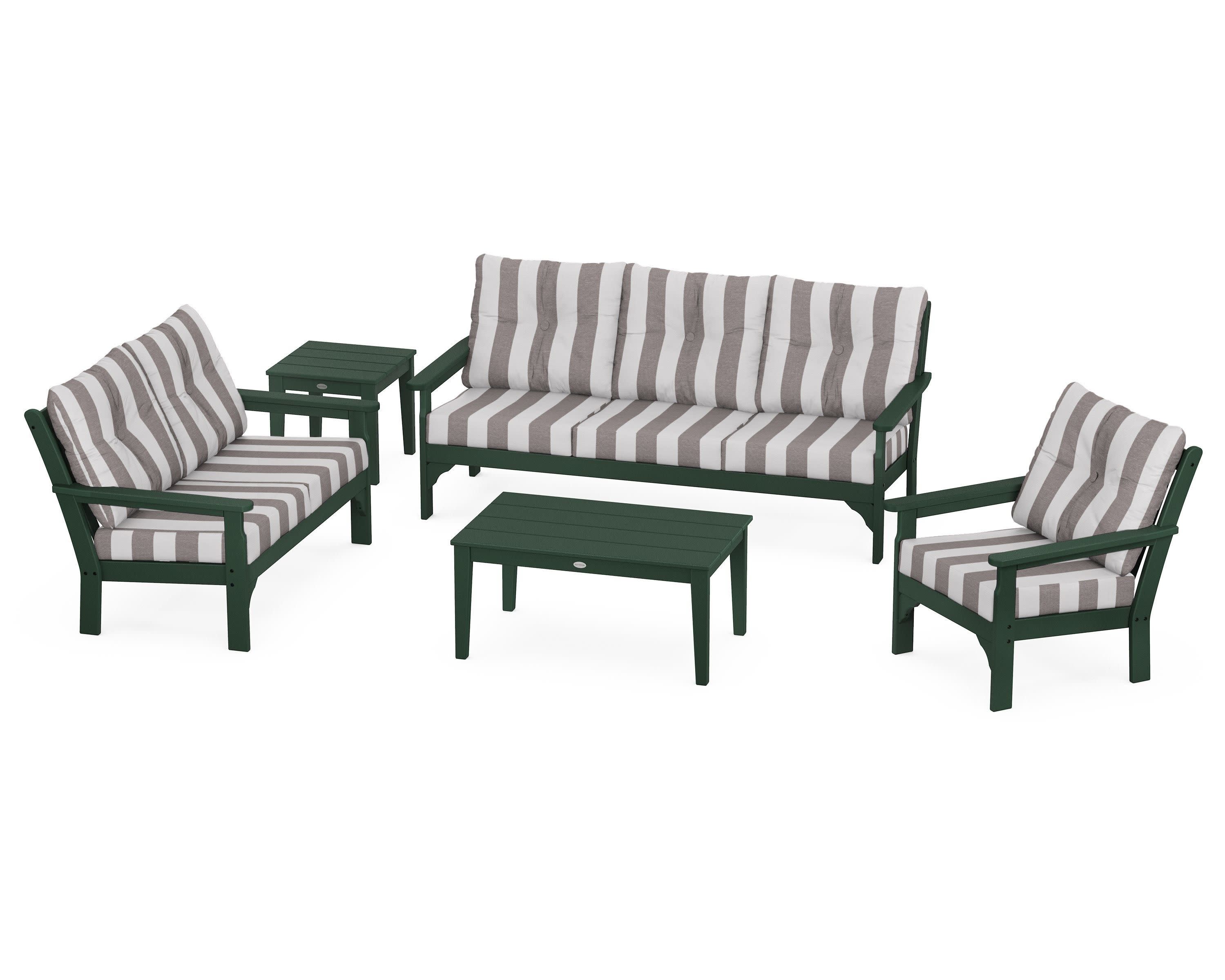 Vineyard 5 Piece Deep Seating Set in Green / Cabana Stripe Grey Mist