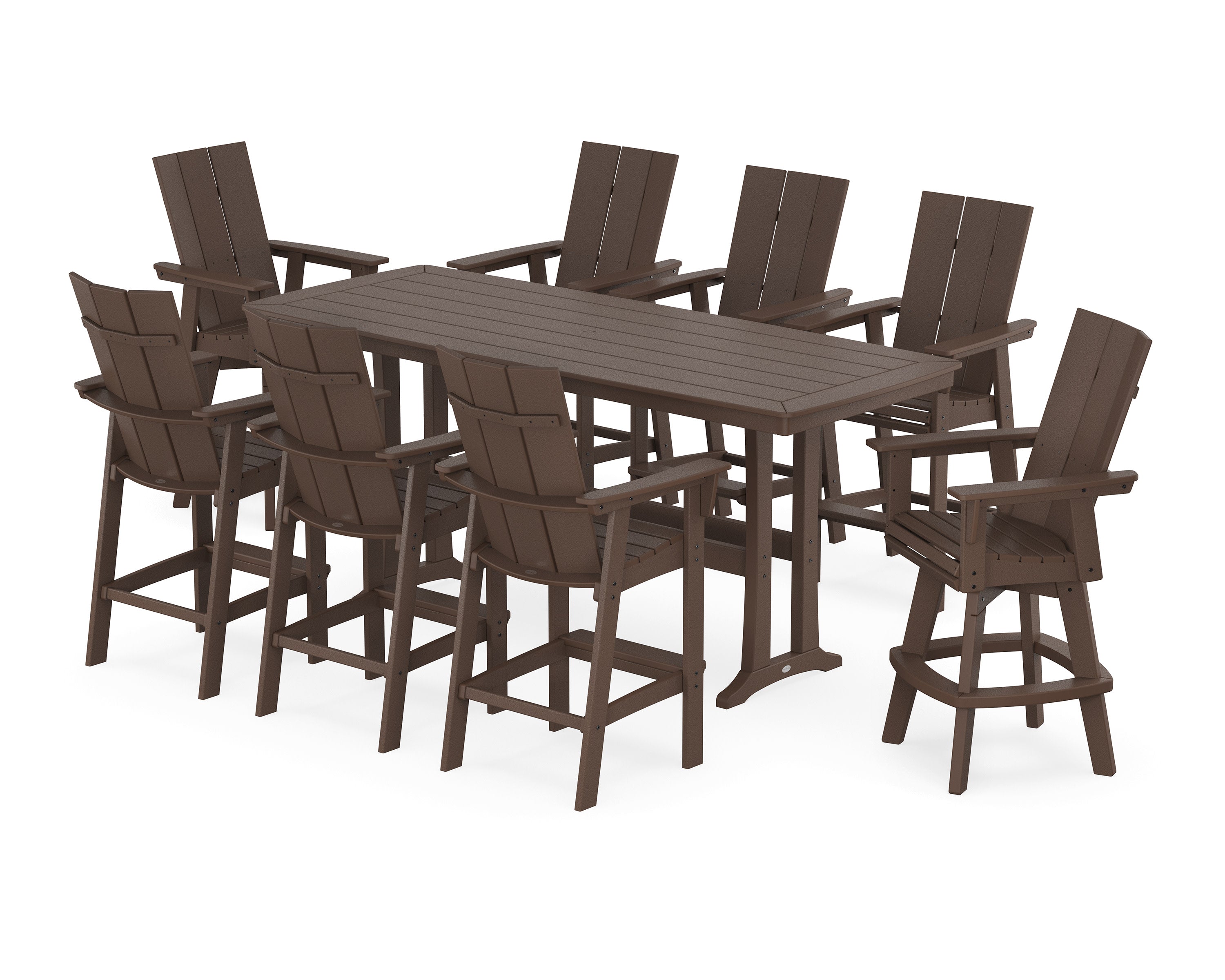 Modern Curveback Adirondack Swivel 9-Piece Bar Set with Trestle Legs in Mahogany