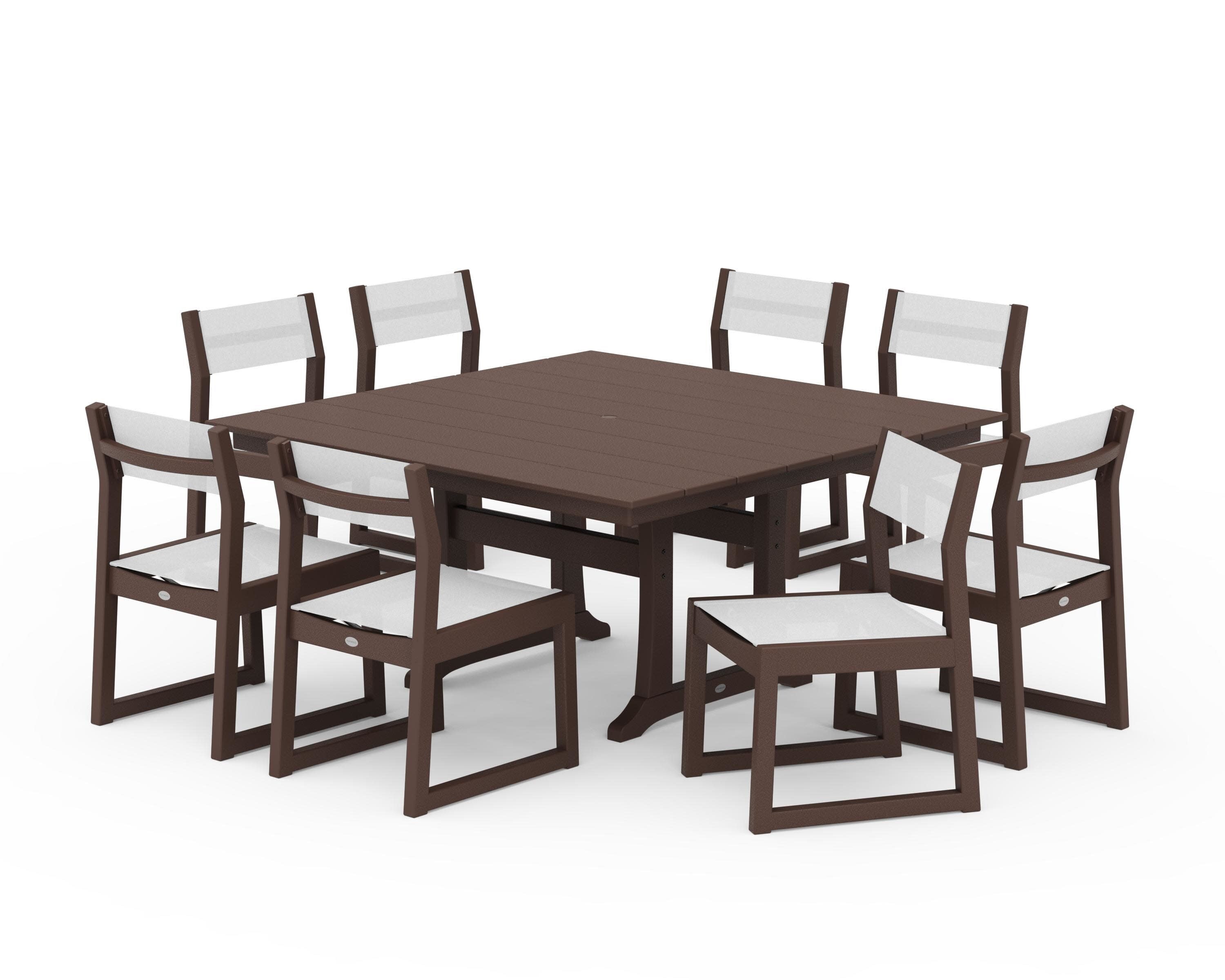 EDGE Sling Side Chair 9-Piece Farmhouse Trestle Dining Set in Mahogany / White Sling