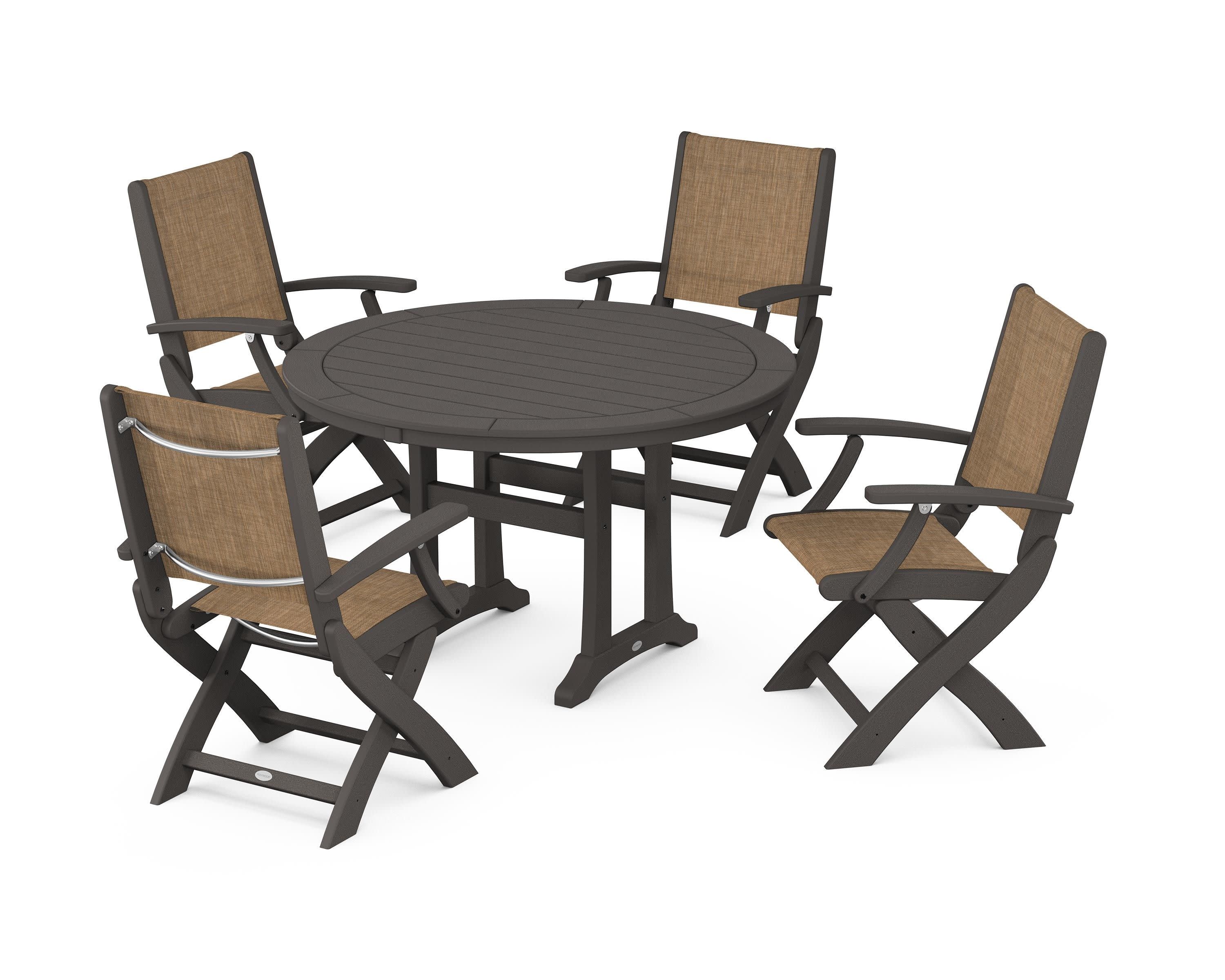 Coastal Folding Chair 5-Piece Round Dining Set with Trestle Legs in Vintage Coffee / Burlap Sling