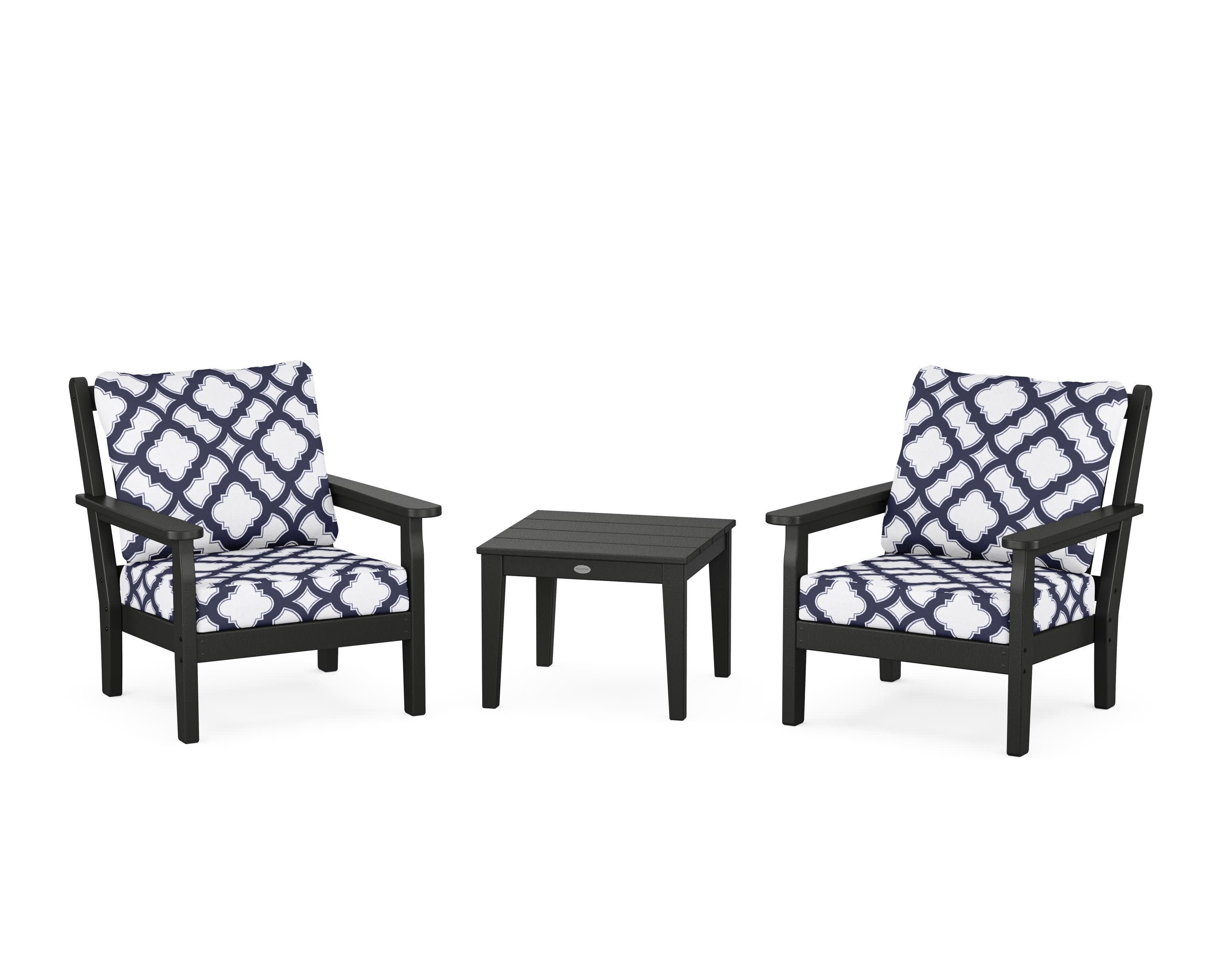 Chippendale 3-Piece Deep Seating Set in Black / Trellis Navy