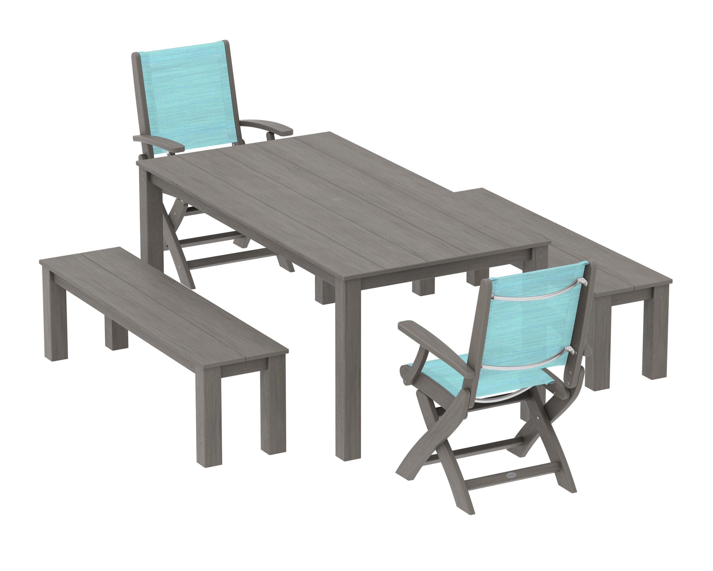 Coastal Folding Chair 5-Piece Parsons Dining Set with Benches in Driftwood / Dupioni Aquamarine Sling