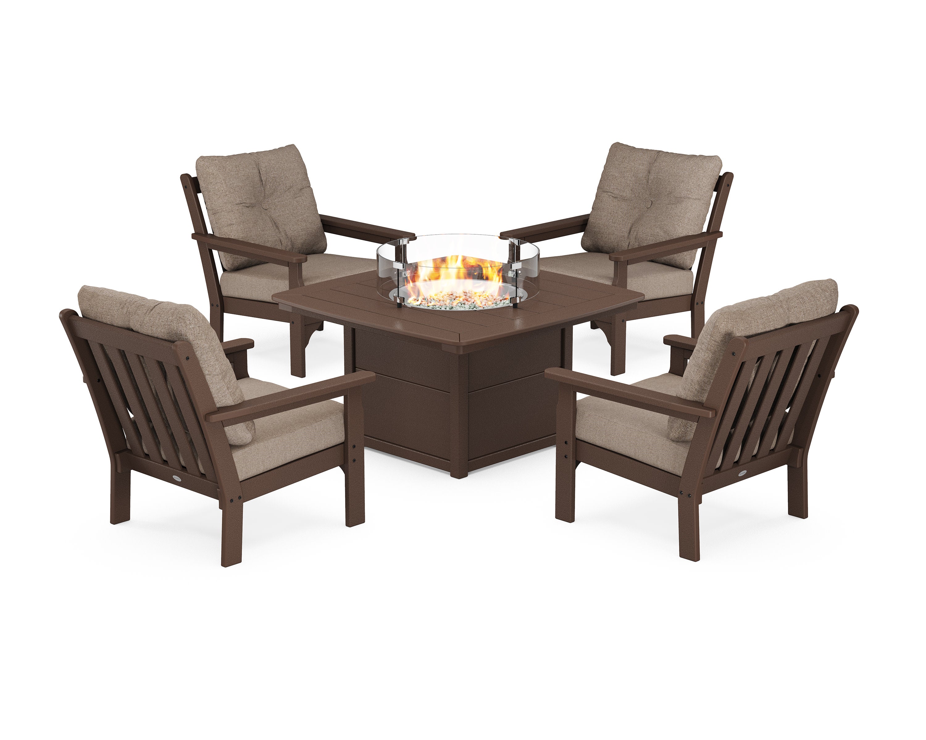 Vineyard 5-Piece Conversation Set with Fire Pit Table in Mahogany / Spiced Burlap