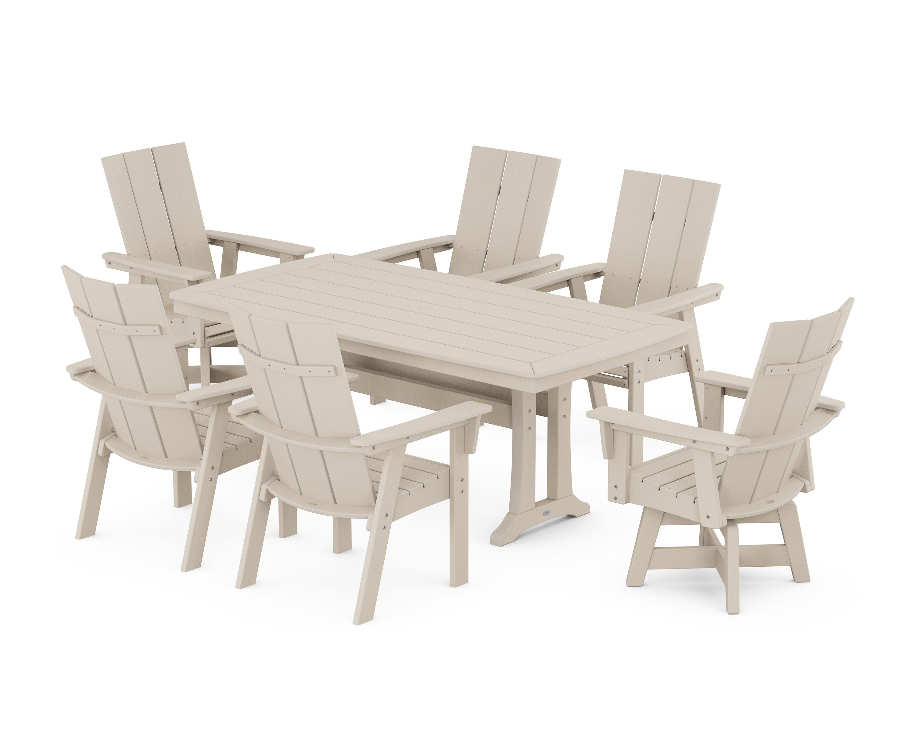 Modern Adirondack Swivel Chair 7-Piece Dining Set with Trestle Legs in Sand