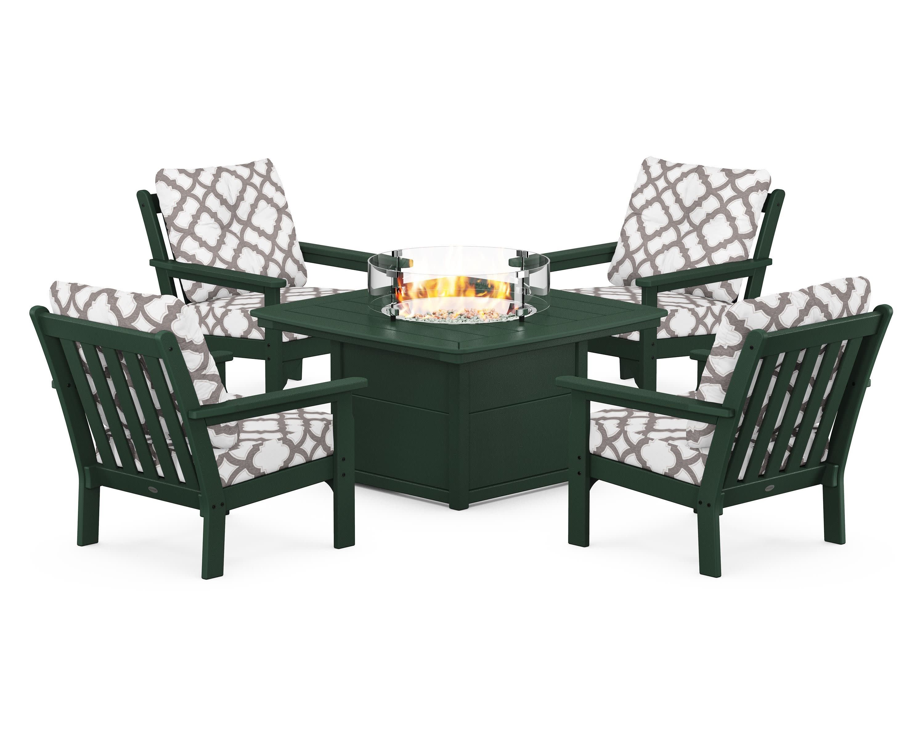 Vineyard 5-Piece Conversation Set with Fire Pit Table in Green / Trellis Grey Mist