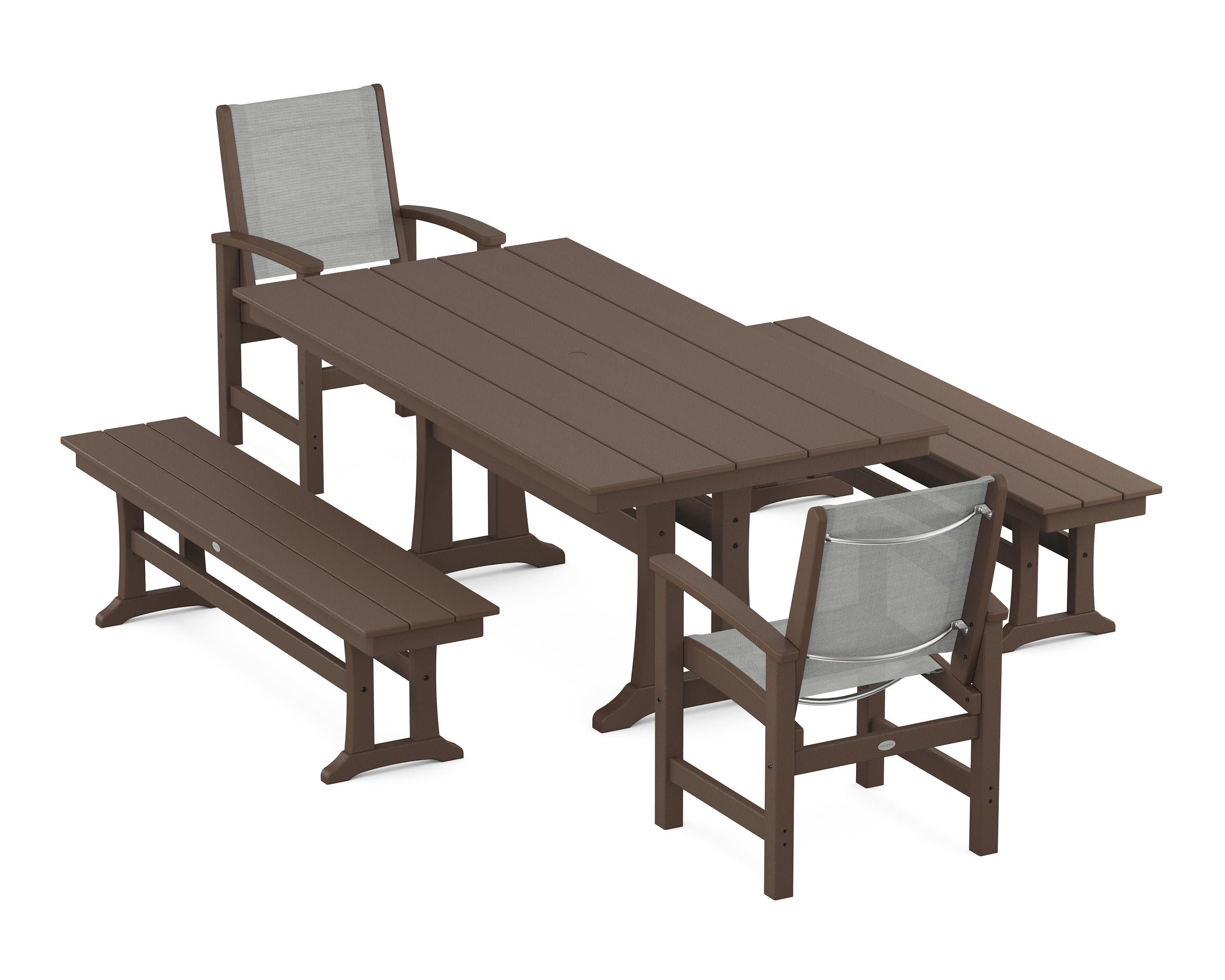 Coastal 5-Piece Farmhouse Dining Set with Trestle Legs and Benches in Mahogany / Metallic Sling