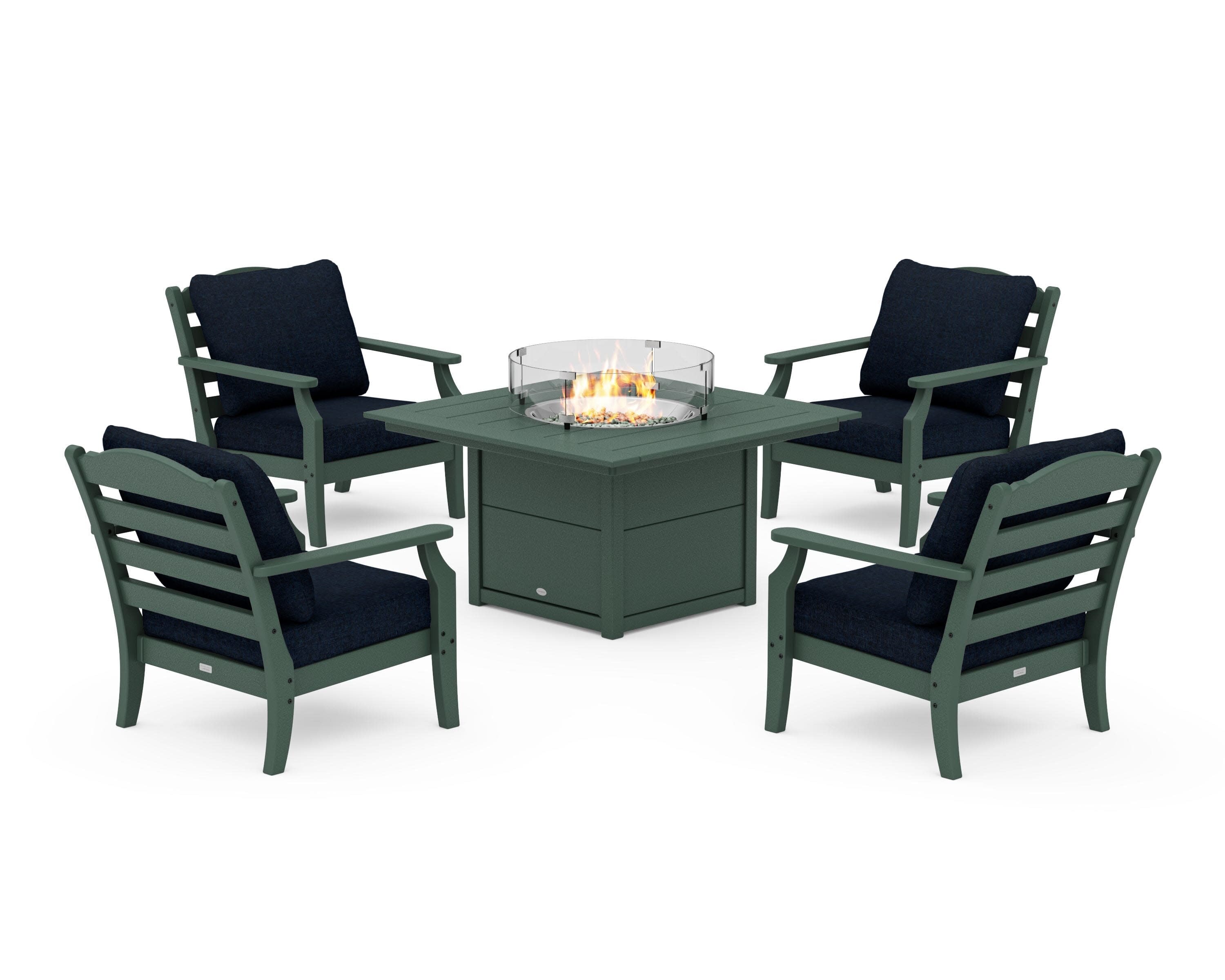 Savannah 5-Piece Deep Seating Set with Fire Pit Table in Green / Marine Indigo