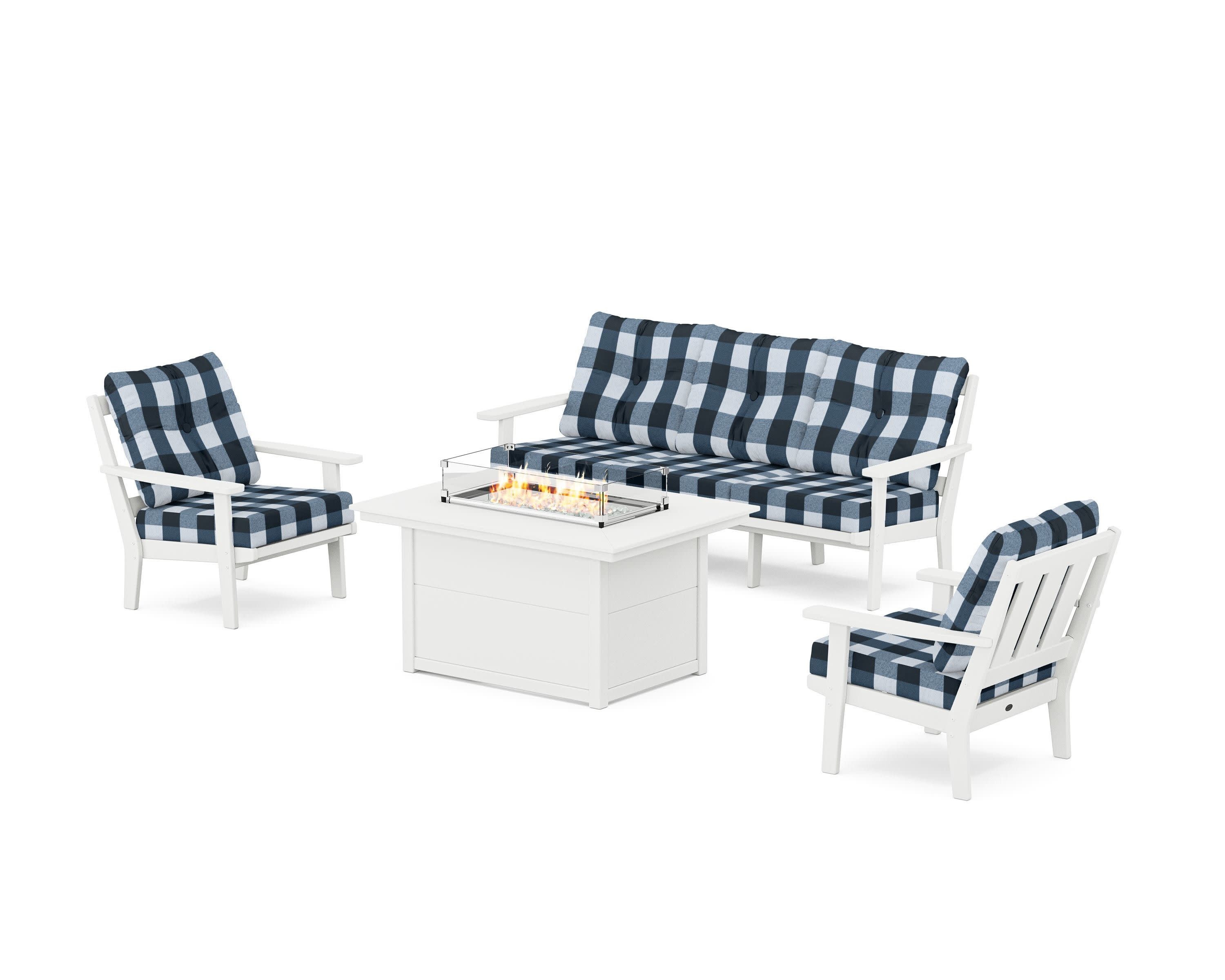 Oxford Deep Seating Fire Pit Table Set in White / Buffalo Plaid Marine Indigo