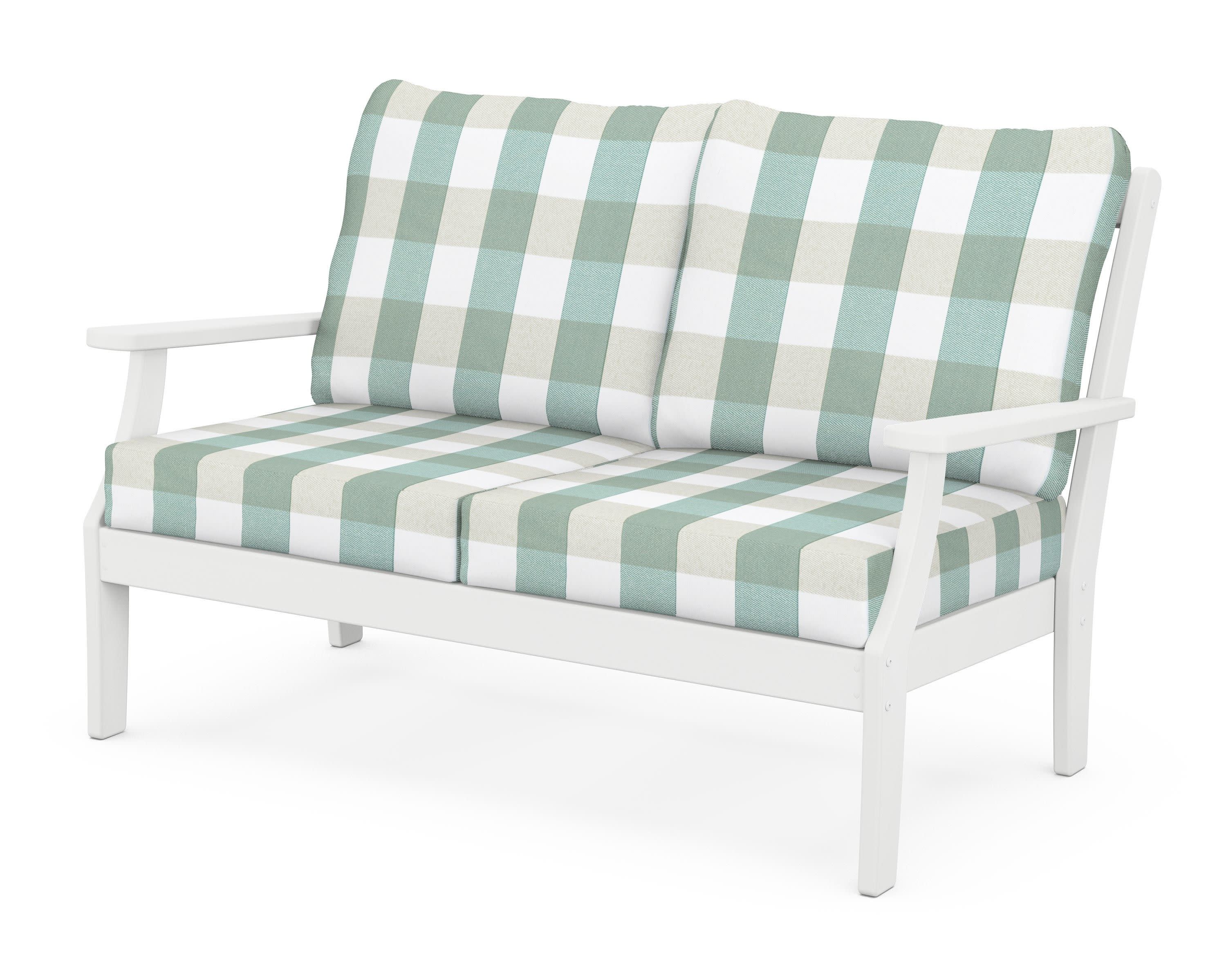 Braxton Deep Seating Loveseat in White / Buffalo Plaid Glacier Spa