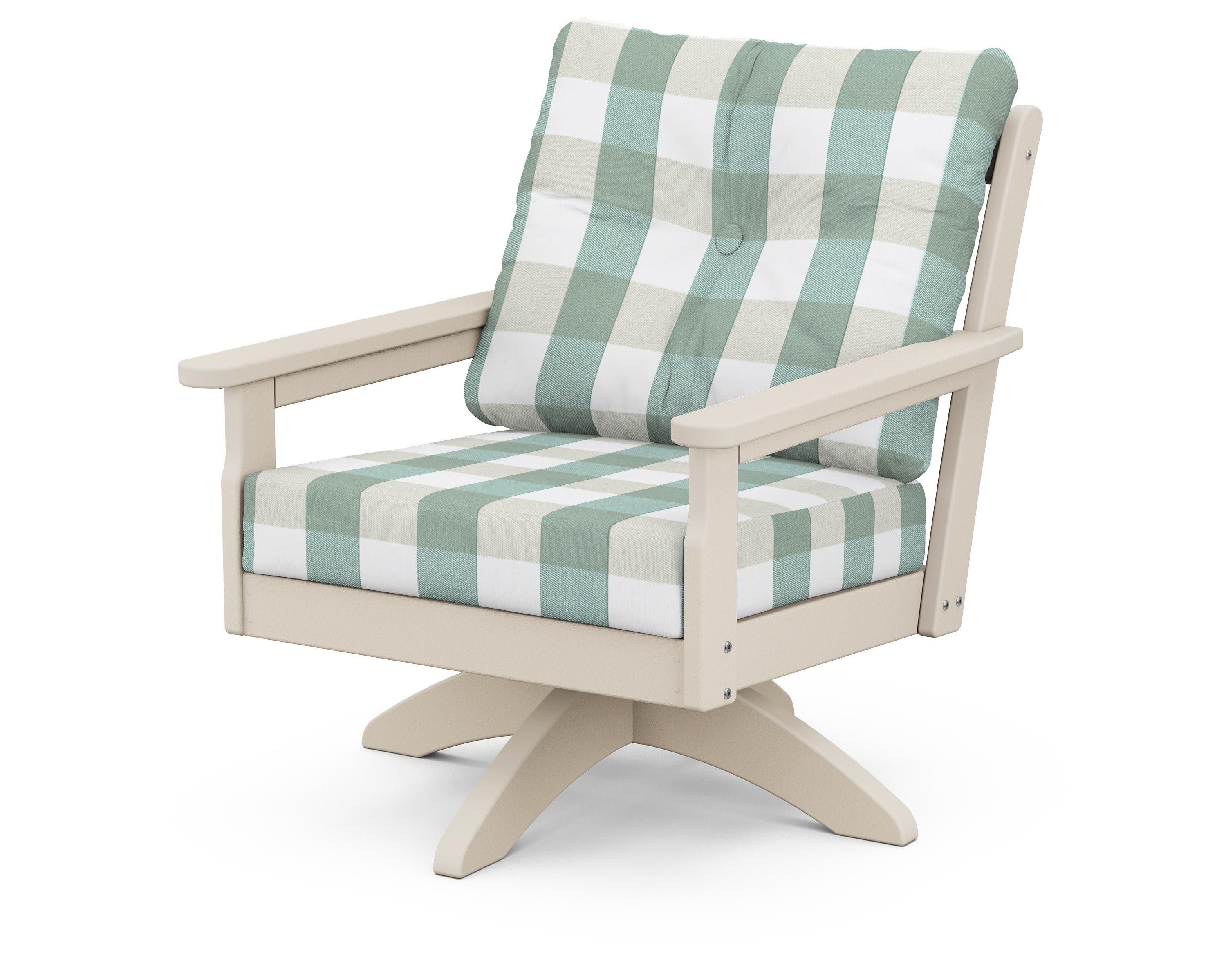 Vineyard Deep Seating Swivel Chair in Sand / Buffalo Plaid Glacier Spa
