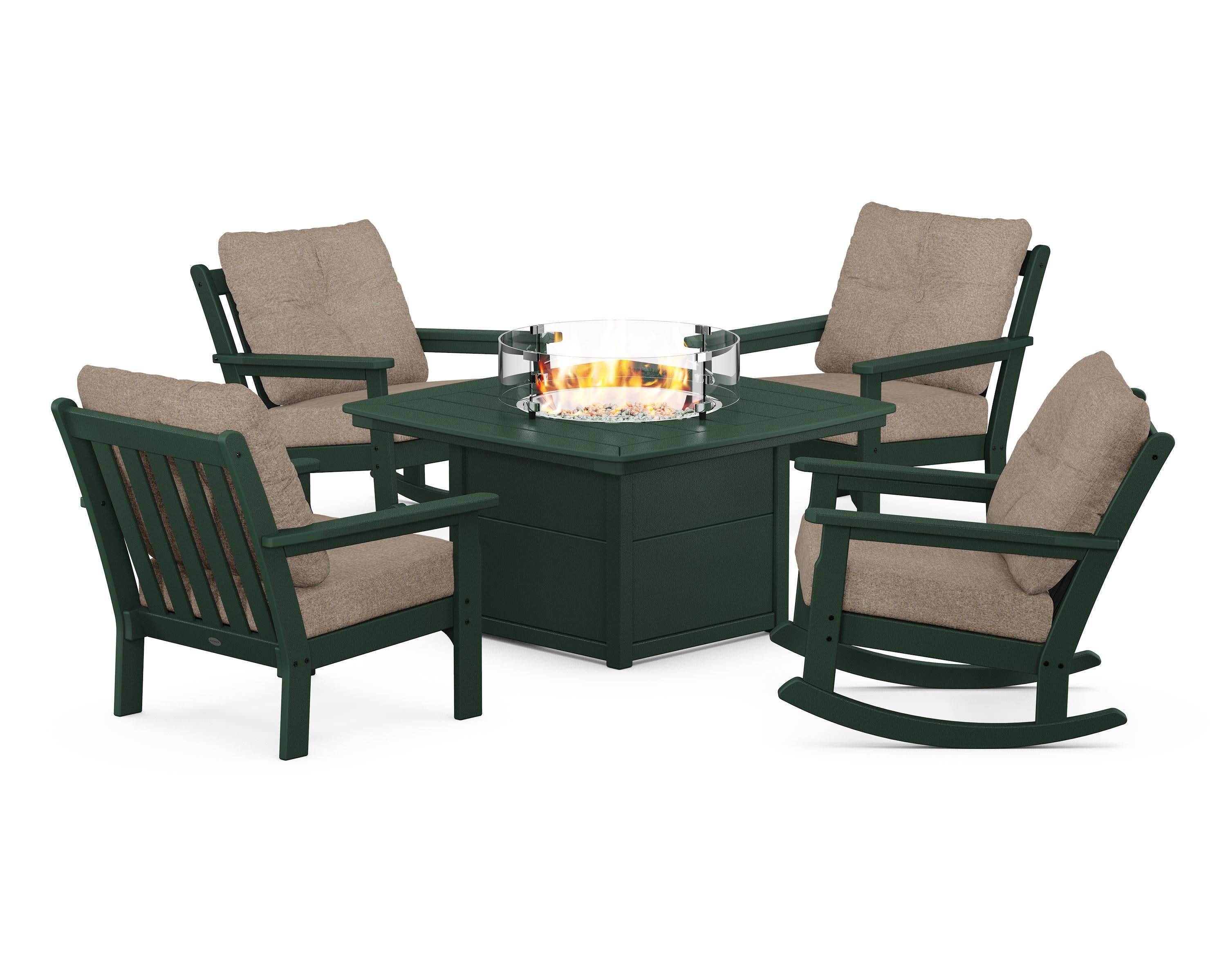 Vineyard 5-Piece Deep Seating Rocking Chair Conversation Set with Fire Pit Table in Green / Spiced Burlap