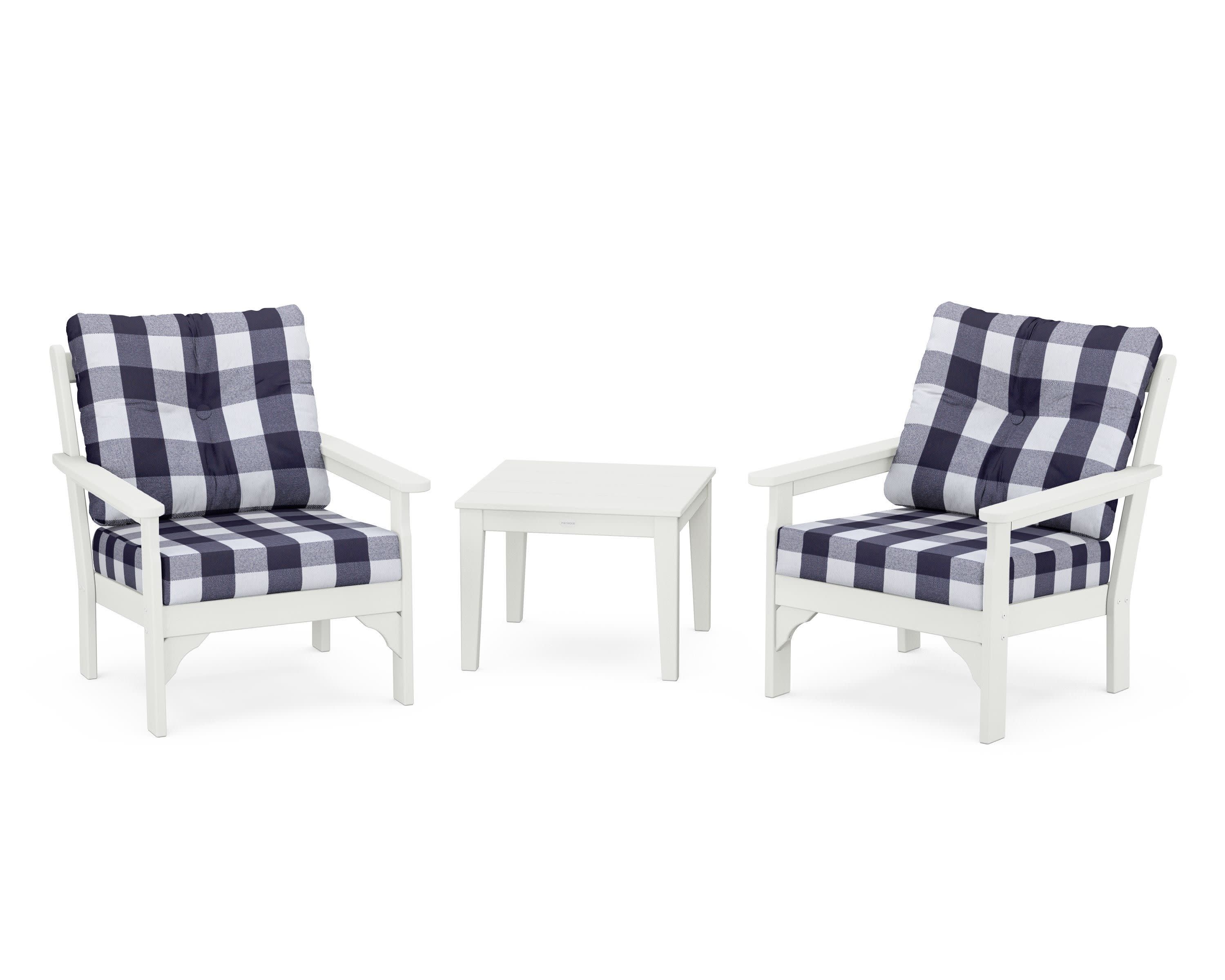 Vineyard 3-Piece Deep Seating Set in Vintage White / Buffalo Plaid Navy