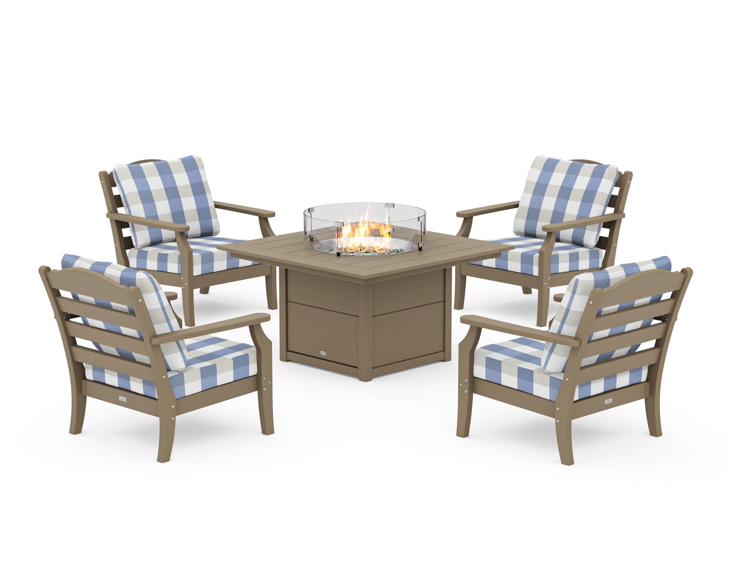 Savannah 5-Piece Deep Seating Set with Fire Pit Table in Vintage Sahara / Buffalo Plaid Sky Blue