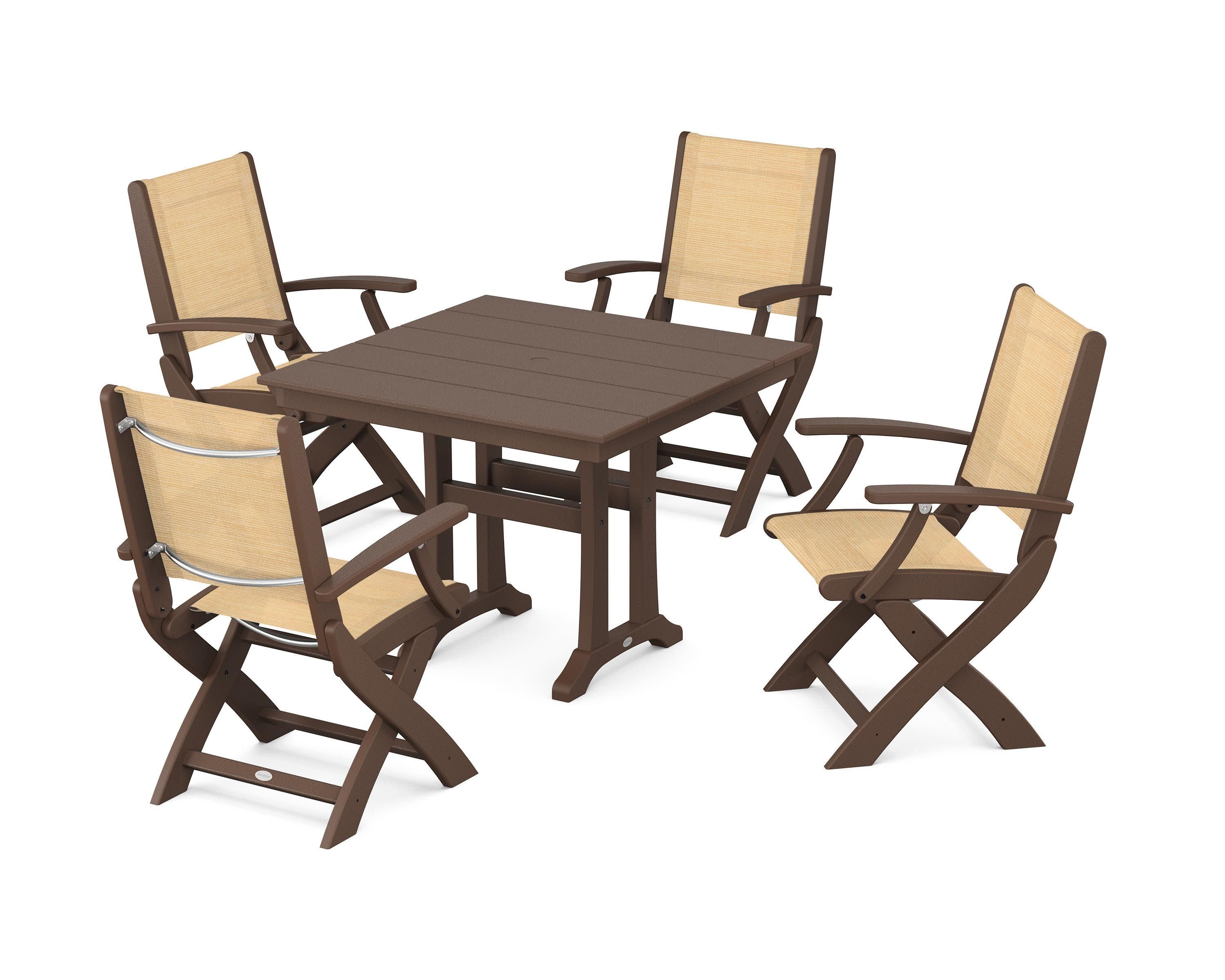 Coastal Folding Chair 5-Piece Farmhouse Dining Set With Trestle Legs in Mahogany / Dupioni Apricot Sling