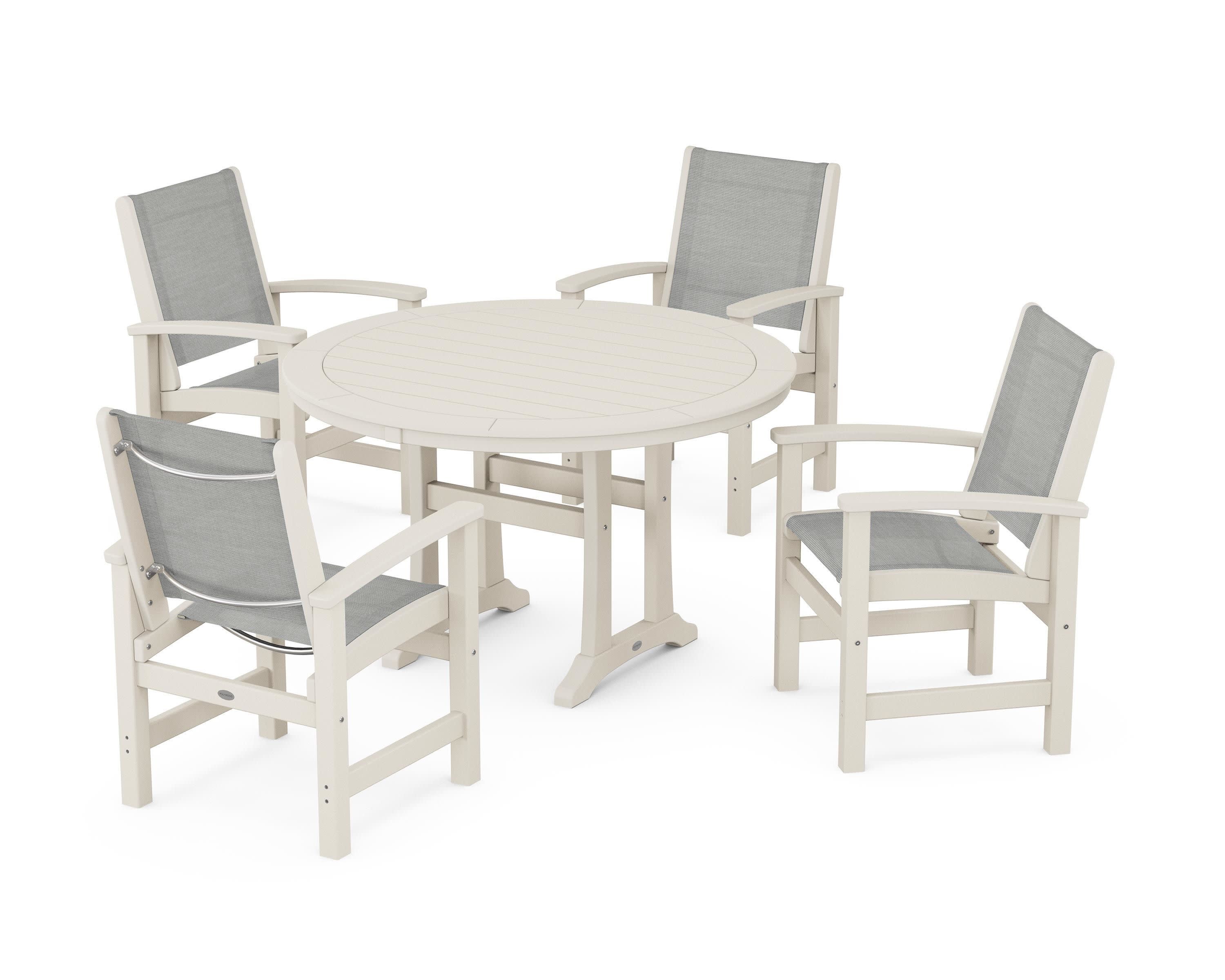 Coastal 5-Piece Round Dining Set with Trestle Legs in Sand / Metallic Sling