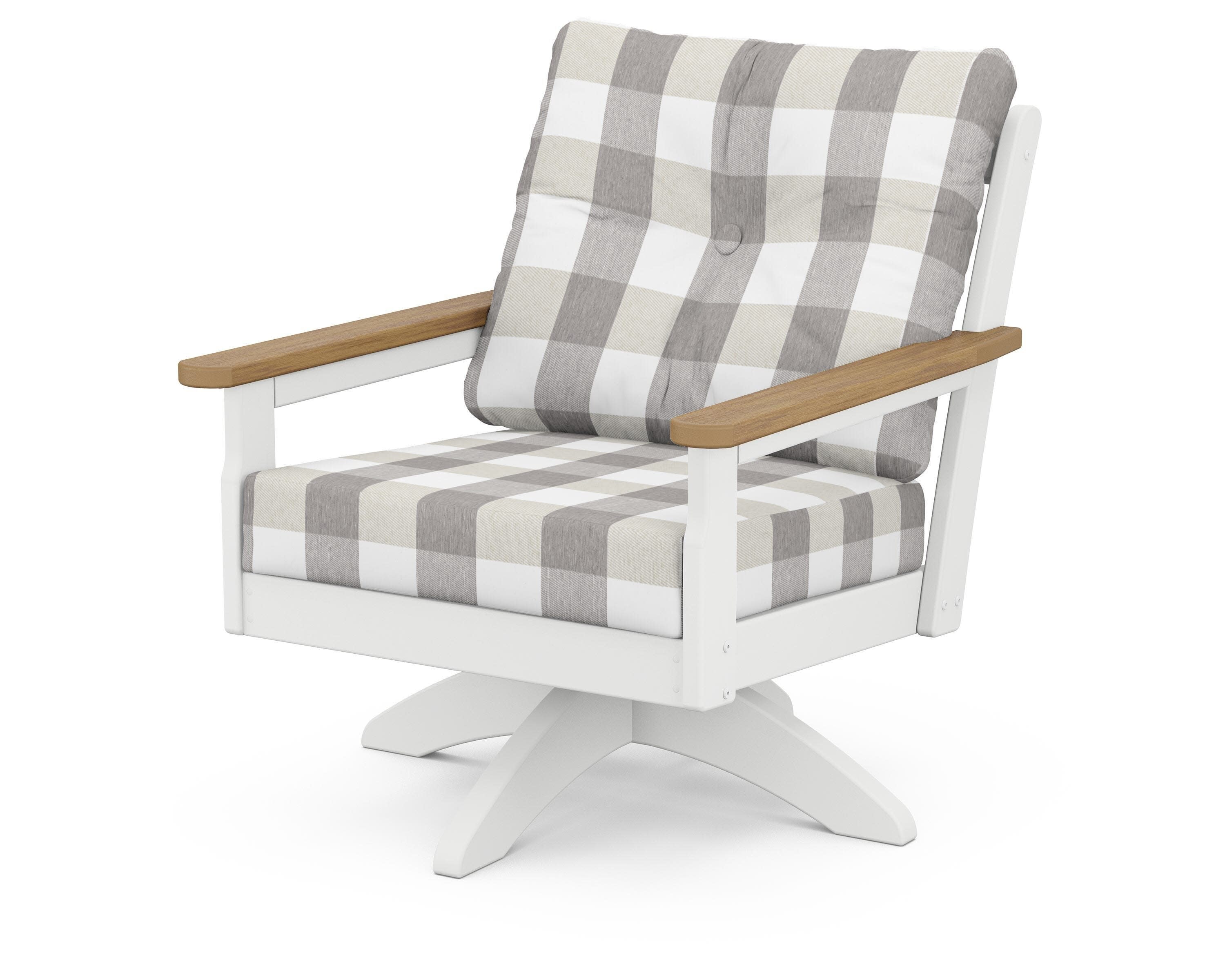 Vineyard Deep Seating Swivel Chair in White / Natural / Buffalo Plaid Grey Mist