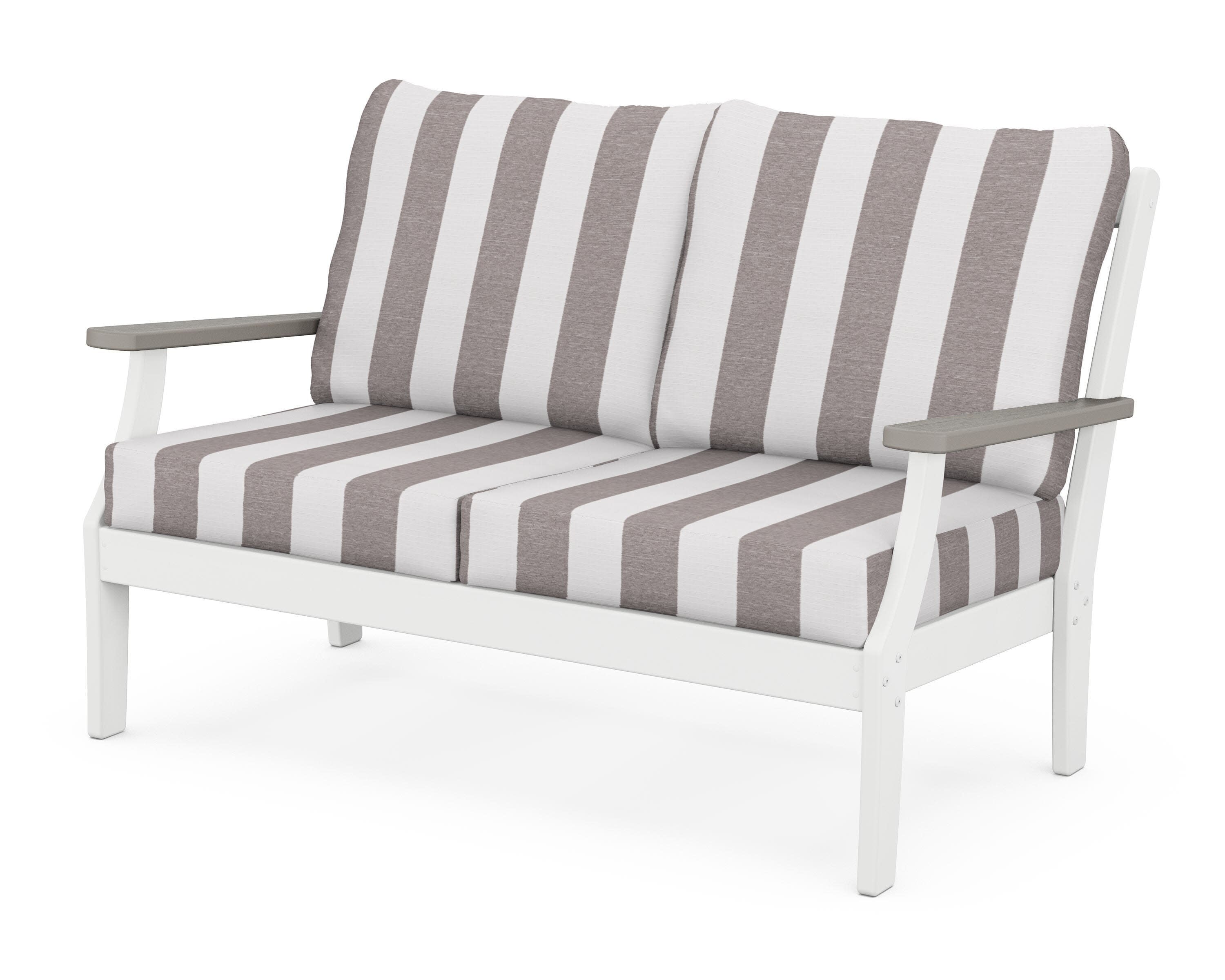 Braxton Deep Seating Loveseat in White / Driftwood / Cabana Stripe Grey Mist