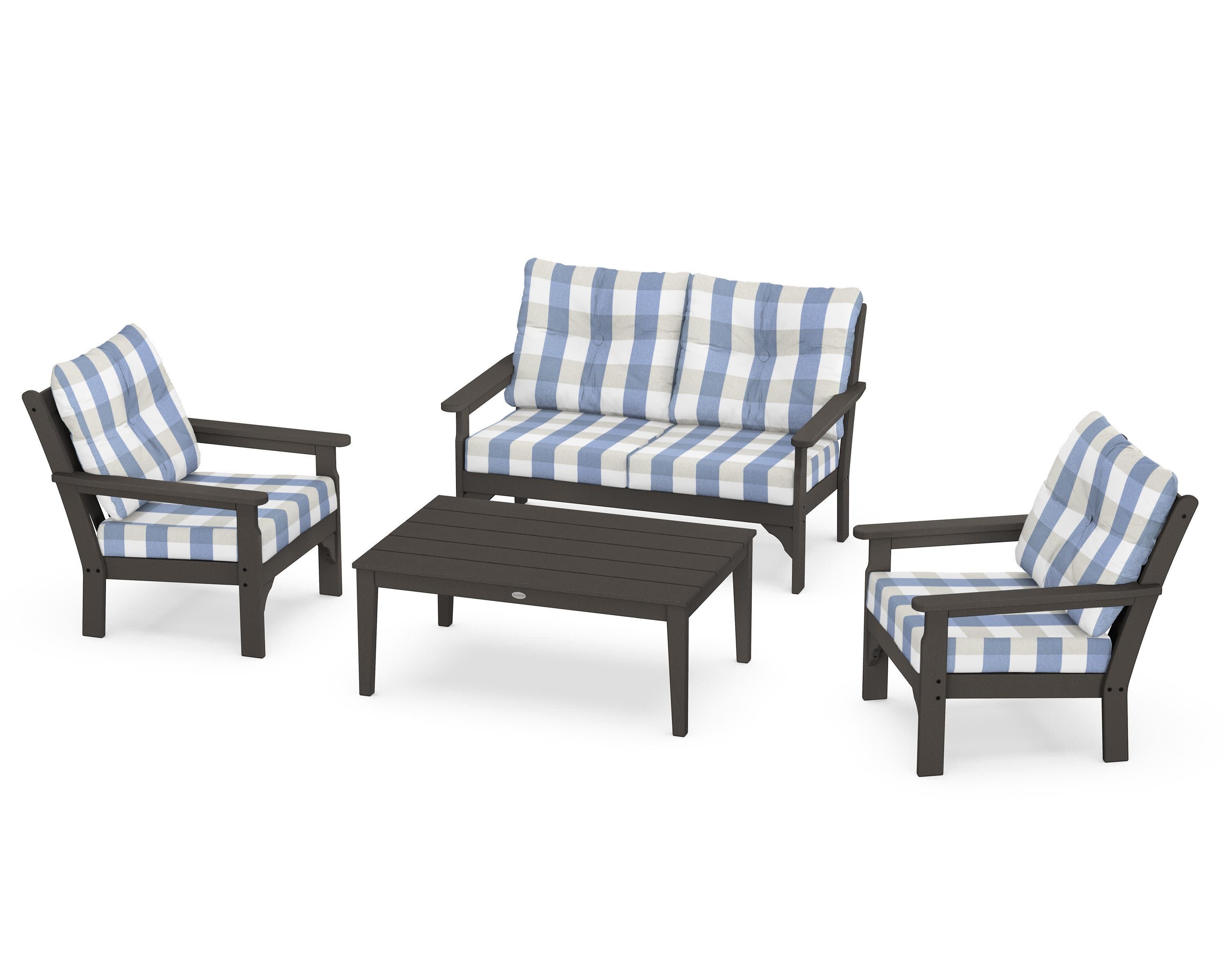 Vineyard 4-Piece Deep Seating Set in Vintage Coffee / Buffalo Plaid Sky Blue