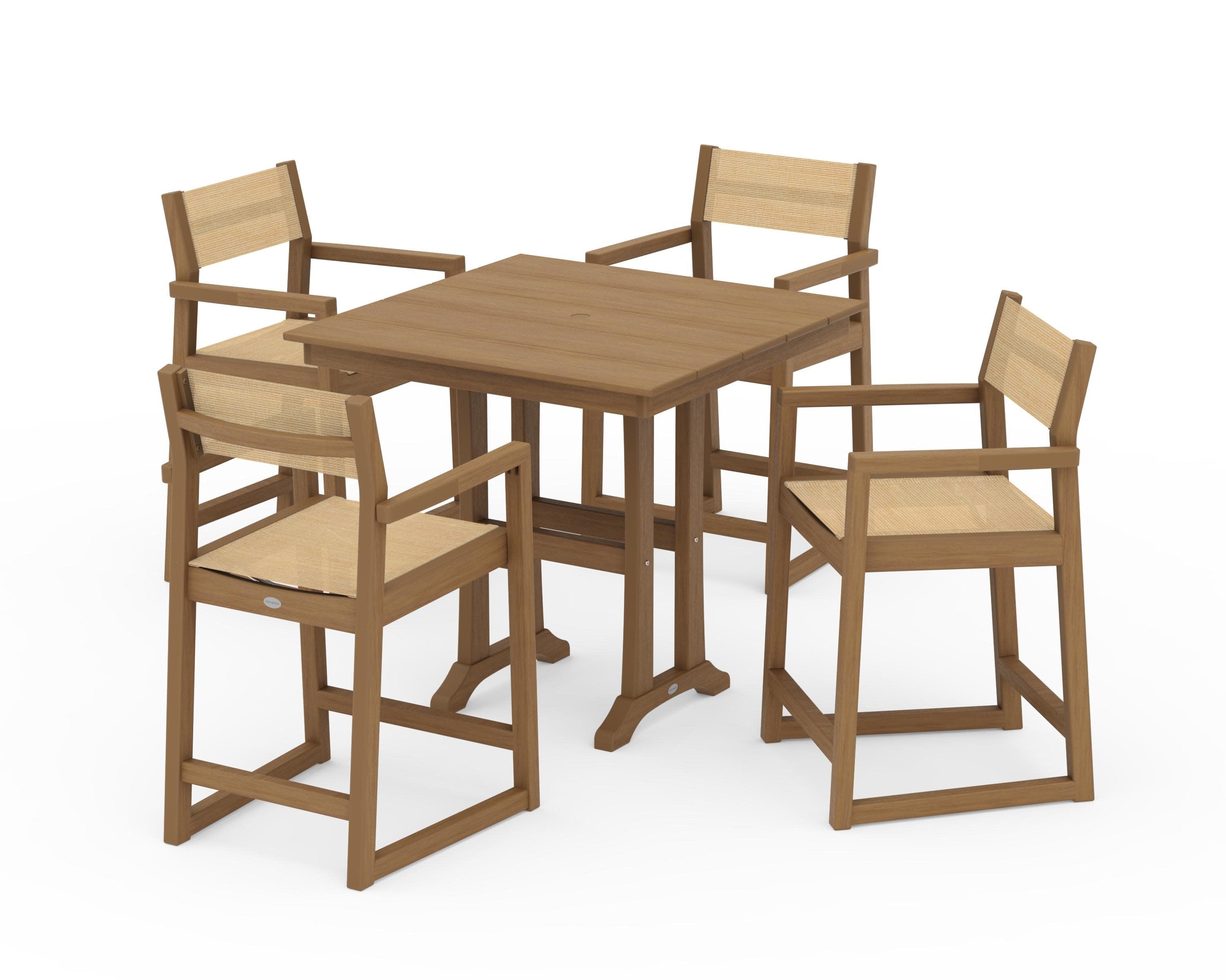 EDGE Sling Arm Chair 5-Piece Farmhouse Counter Set with Trestle Legs in Natural / Dupioni Apricot Sling