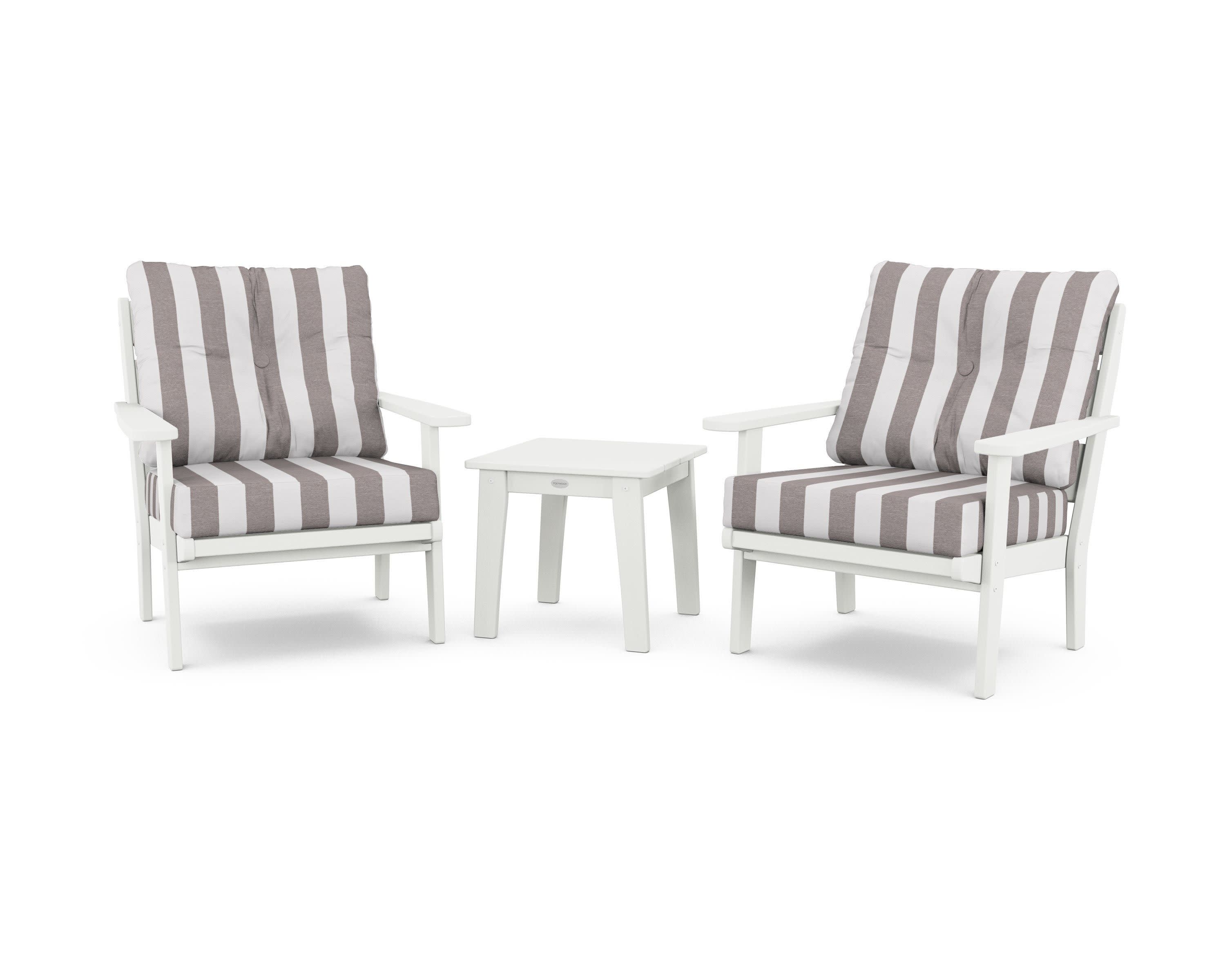 Lakeside 3-Piece Deep Seating Chair Set in Vintage White / Cabana Stripe Grey Mist