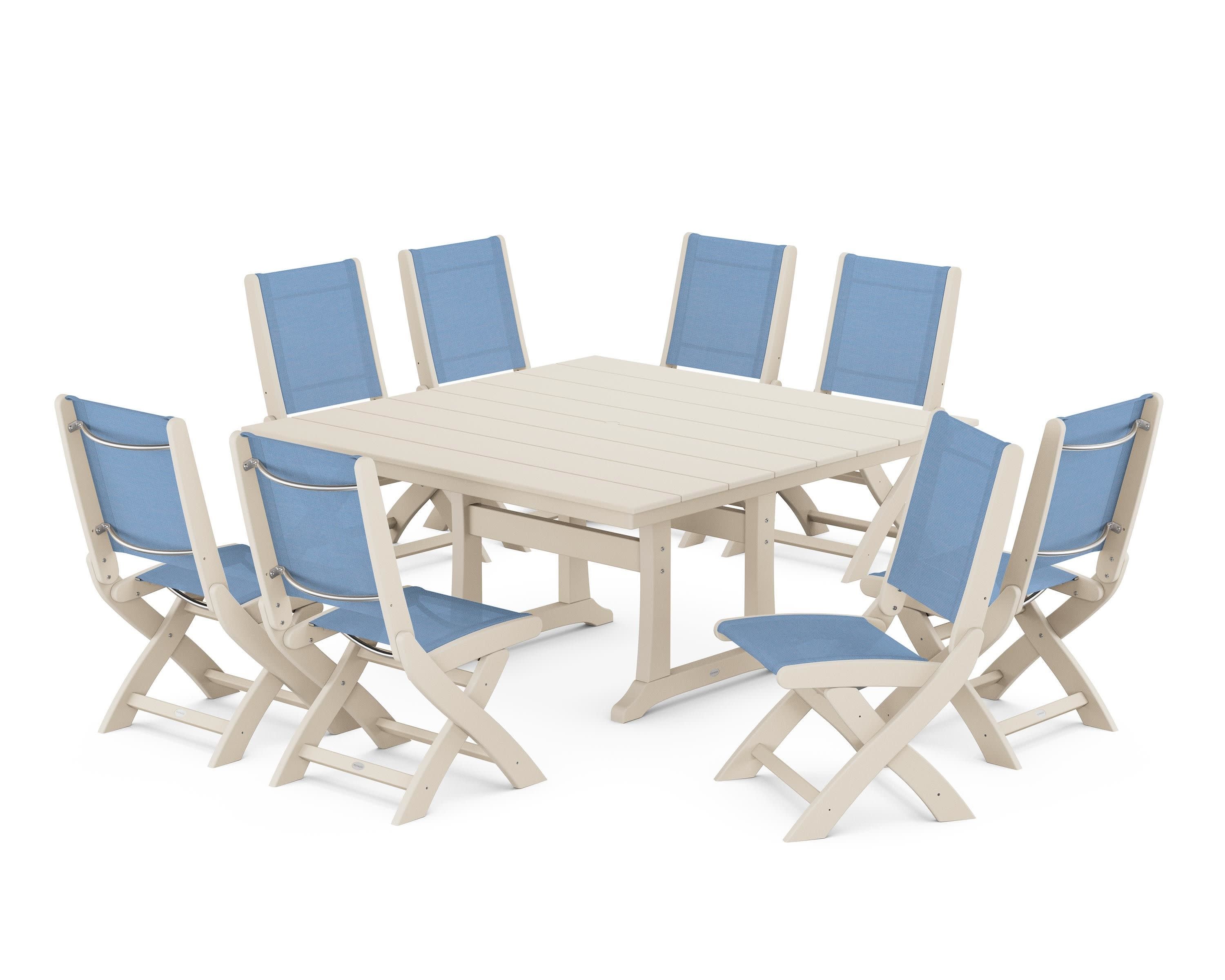 Coastal Folding Side Chair 9-Piece Farmhouse Dining Set in Sand / Poolside Sling