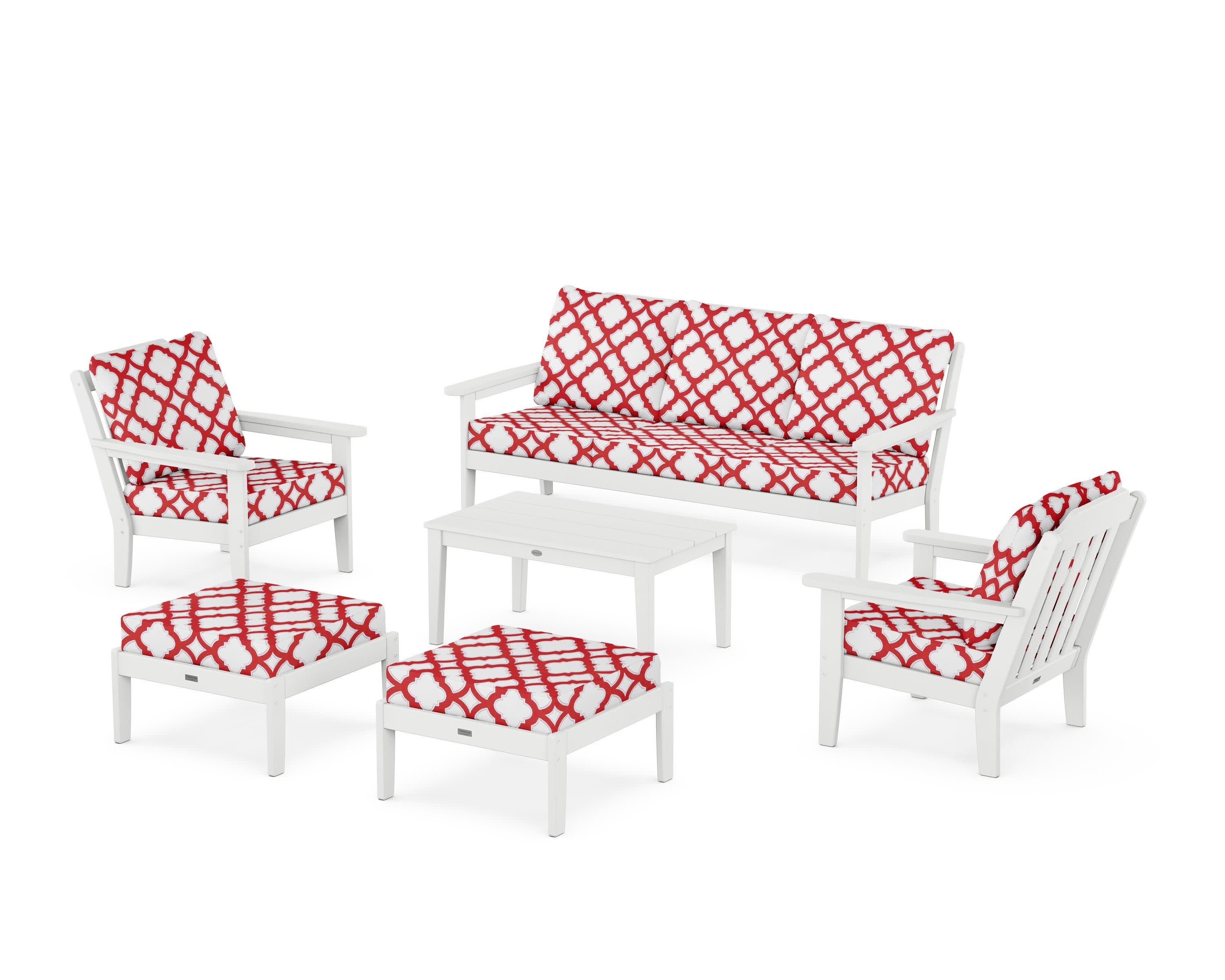 Cottage 6-Piece Lounge Sofa Set in White / Trellis Crimson