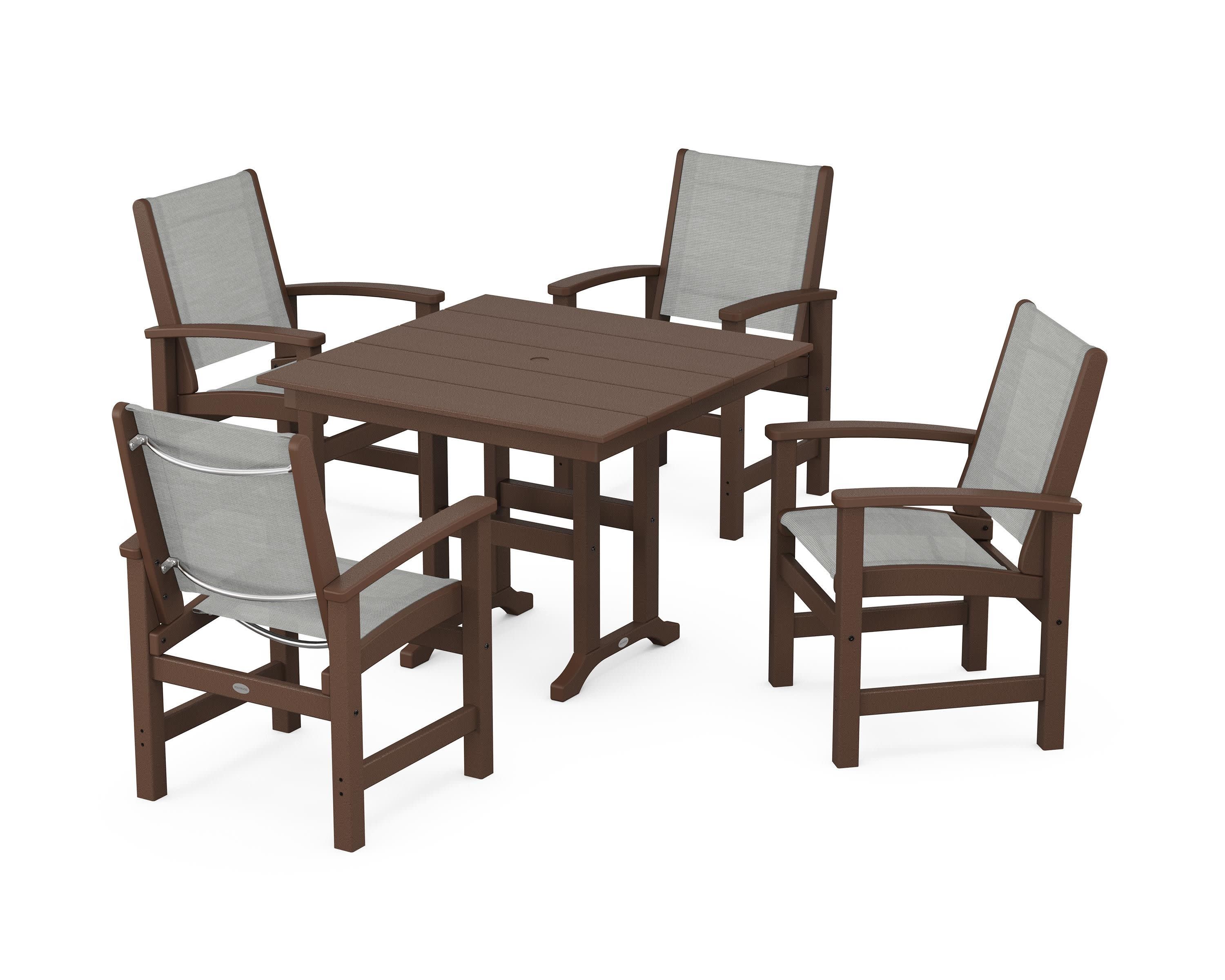 Coastal 5-Piece Farmhouse Dining Set in Mahogany / Metallic Sling