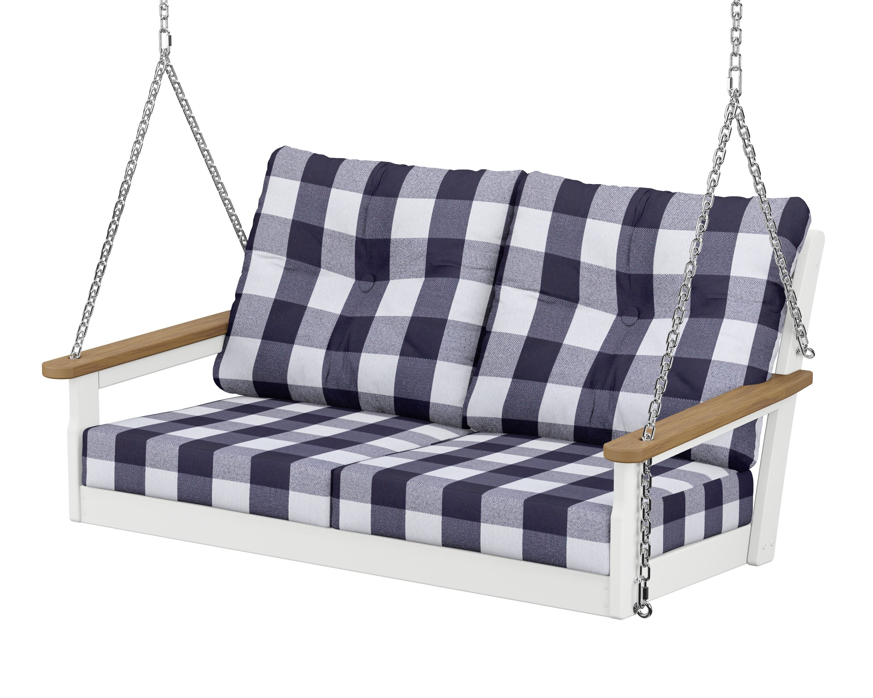 Vineyard Deep Seating Swing in White / Natural / Buffalo Plaid Navy
