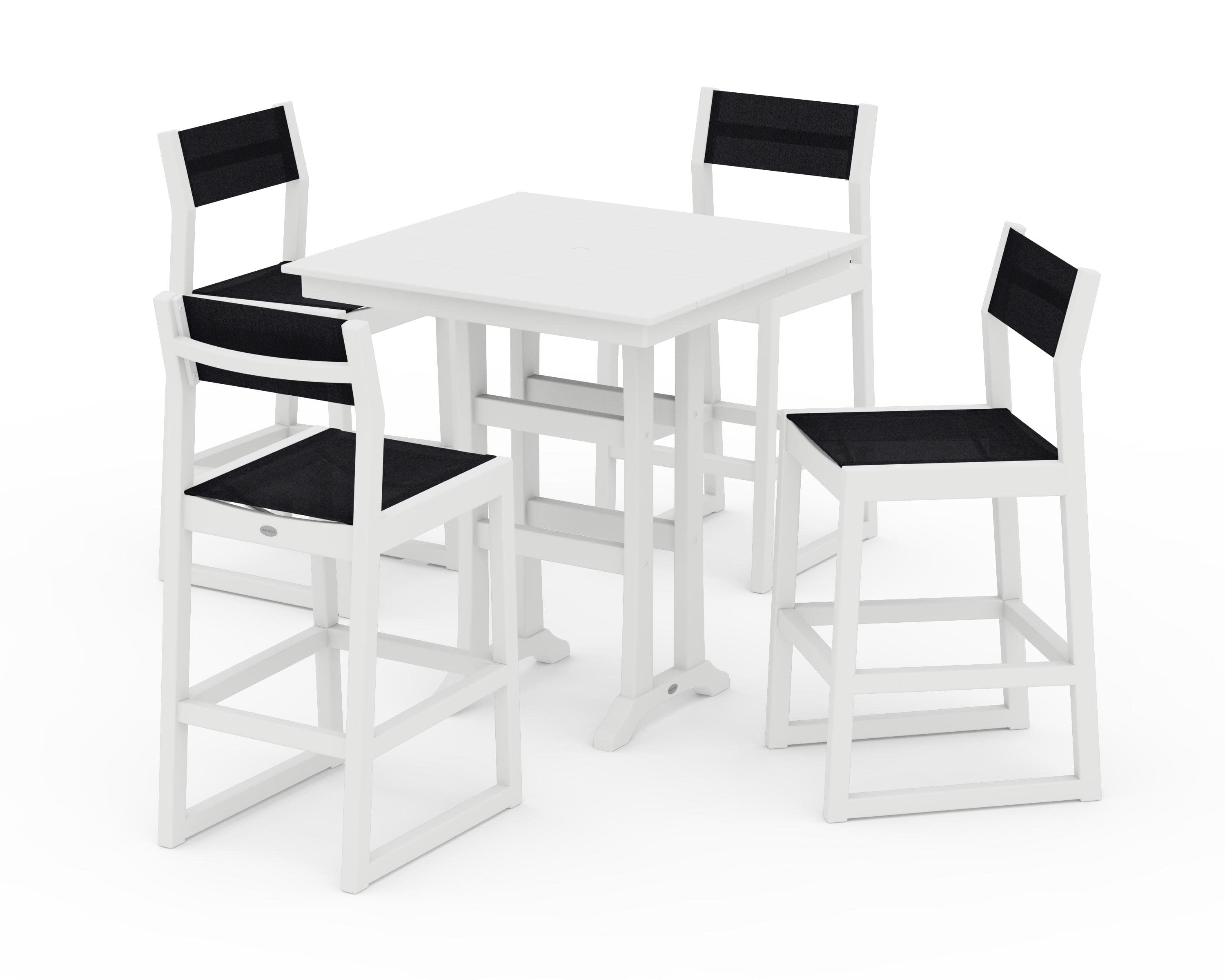 EDGE Sling Arm Chair 5-Piece Farmhouse Bar Set with Trestle Legs in White / Black Sling