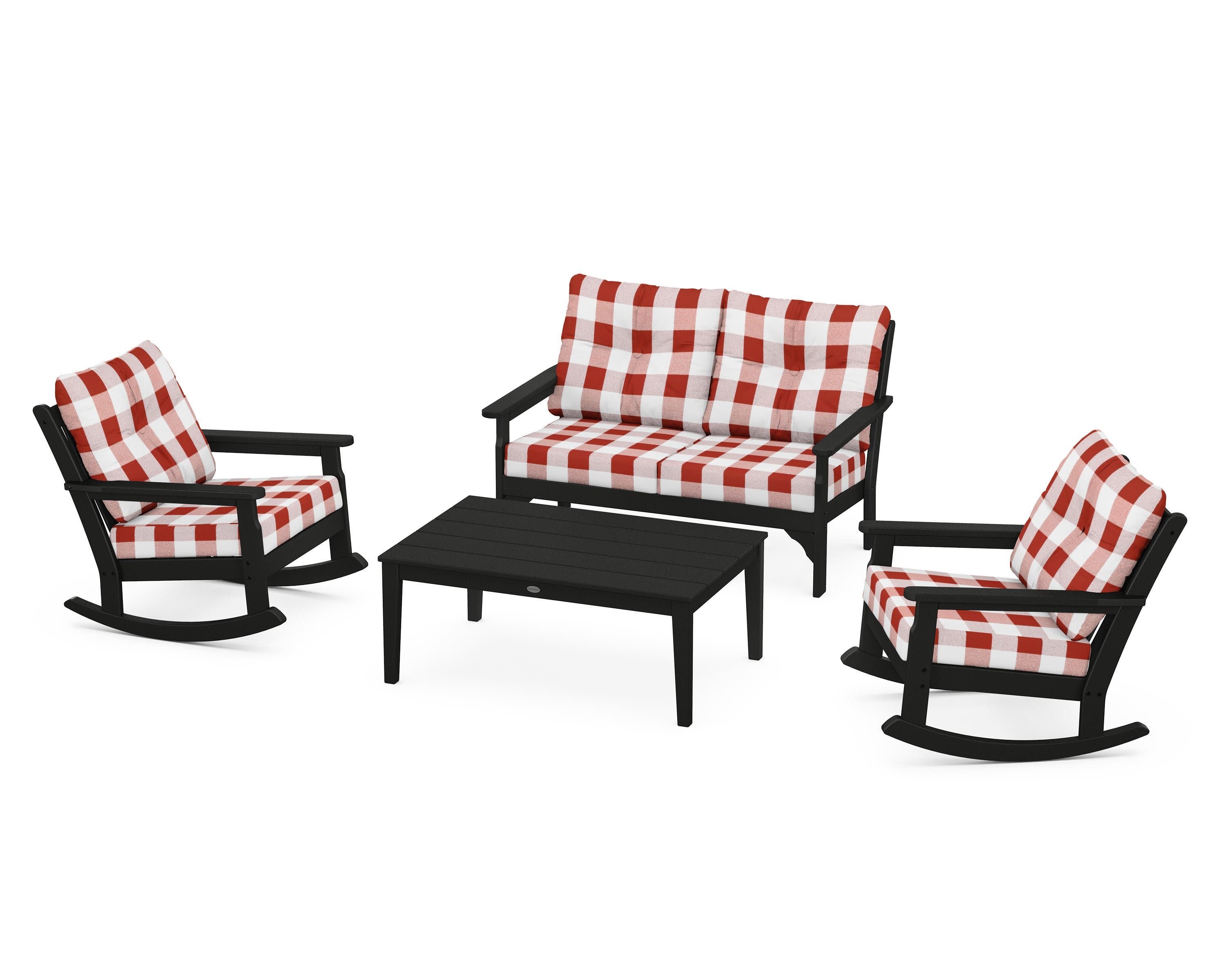 Vineyard 4-Piece Deep Seating Rocking Chair Set in Black / Buffalo Plaid Crimson