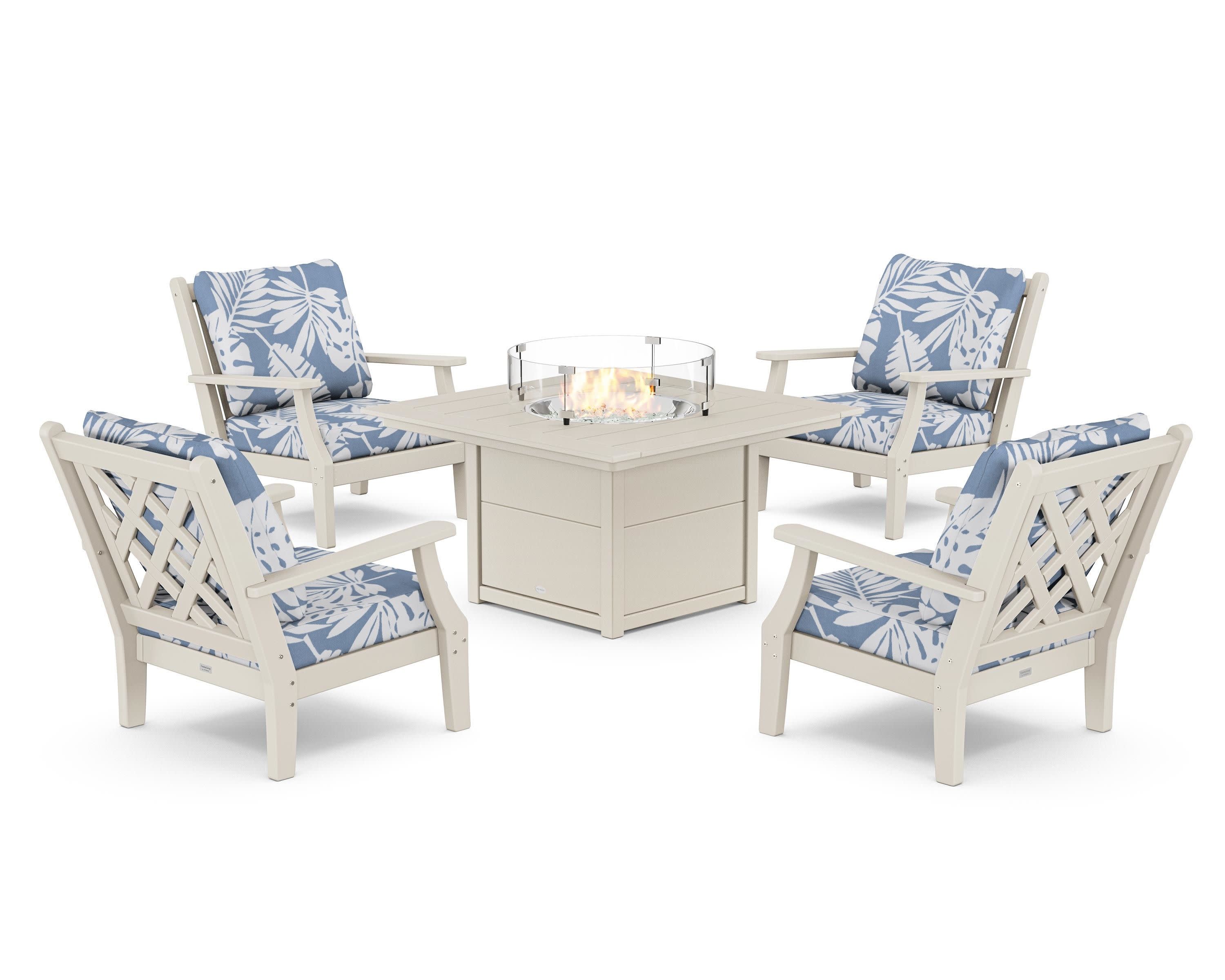 Wovendale 5-Piece Deep Seating Set with Fire Pit Table in Sand / Leaf Sky Blue
