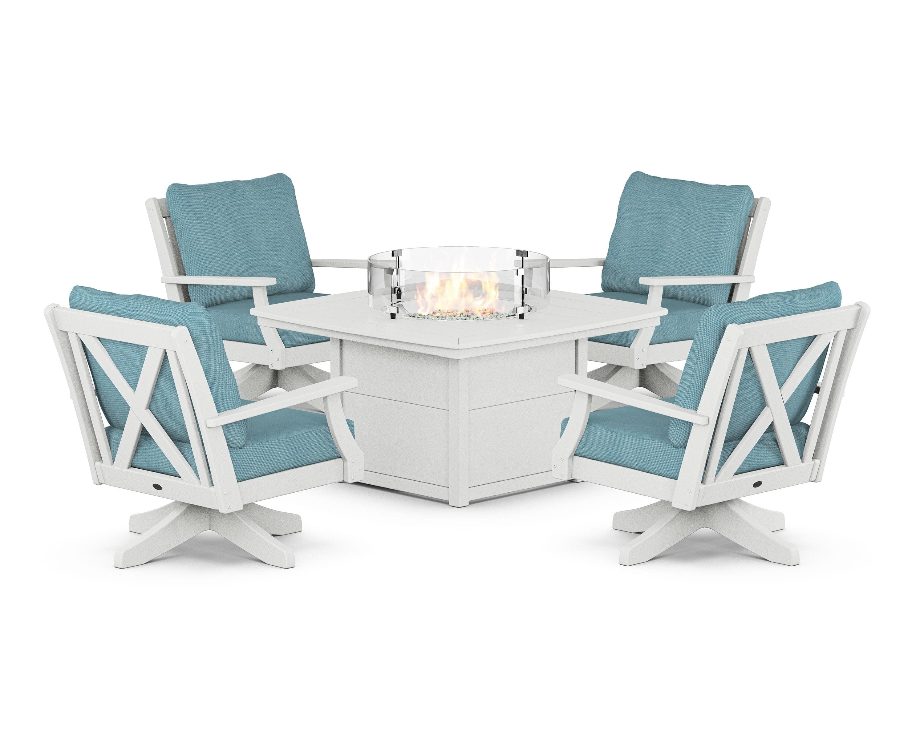 Braxton 5-Piece Deep Seating Swivel Conversation Set with Fire Pit Table in Vintage White / Lattice Sky Blue