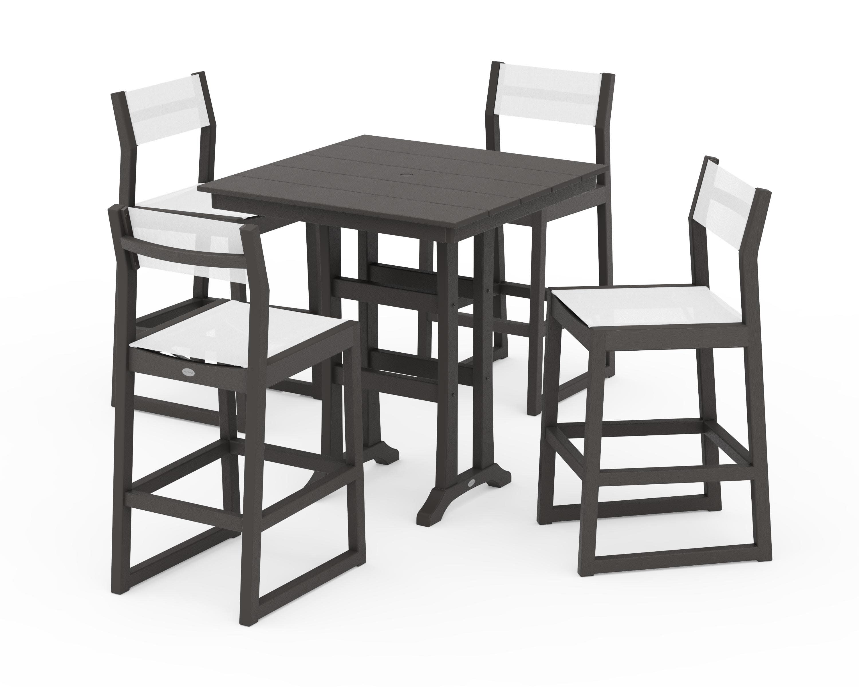 EDGE Sling Arm Chair 5-Piece Farmhouse Bar Set with Trestle Legs in Vintage Coffee / White Sling