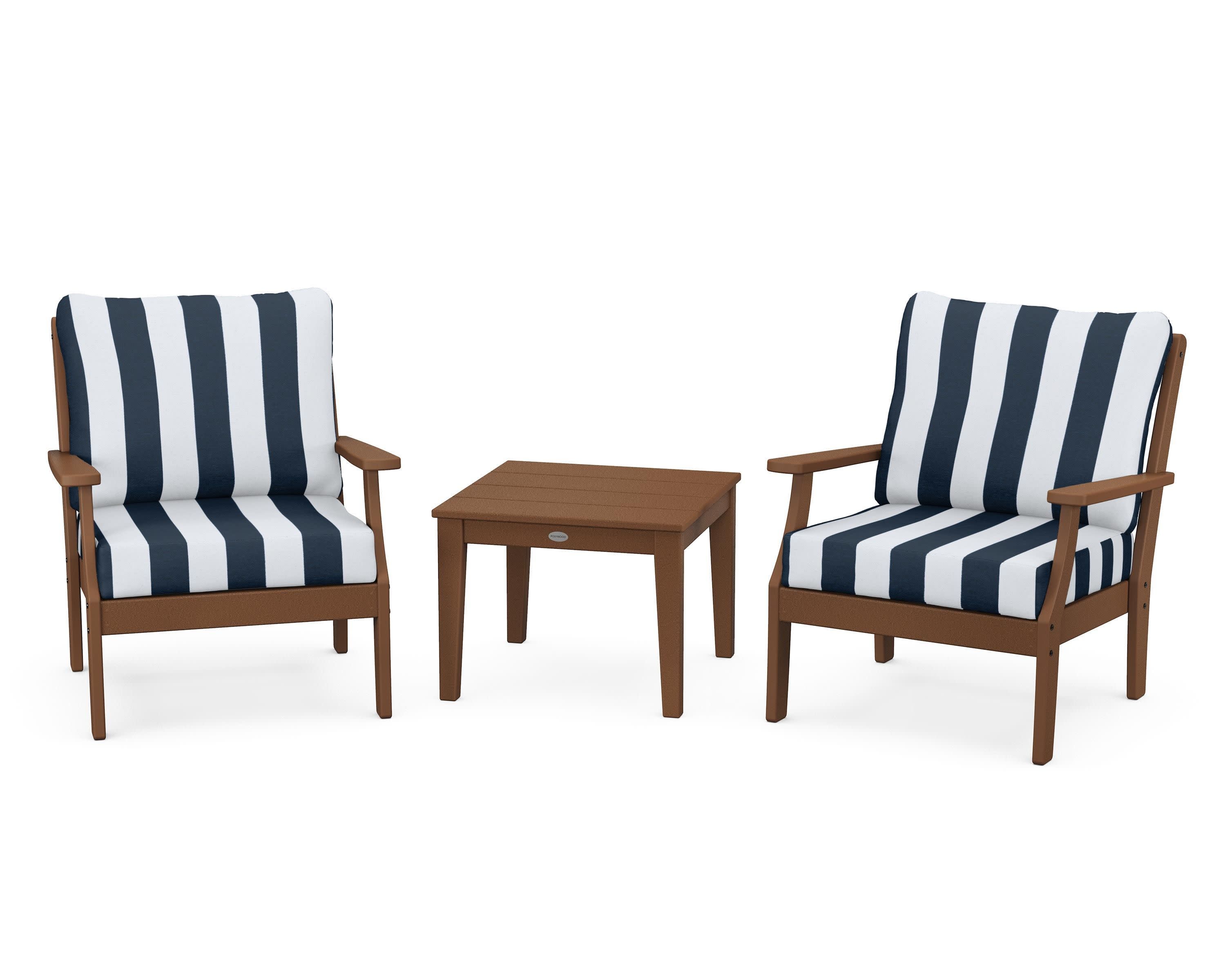 Braxton 3-Piece Deep Seating Set in Teak / Cabana Stripe Marine Indigo